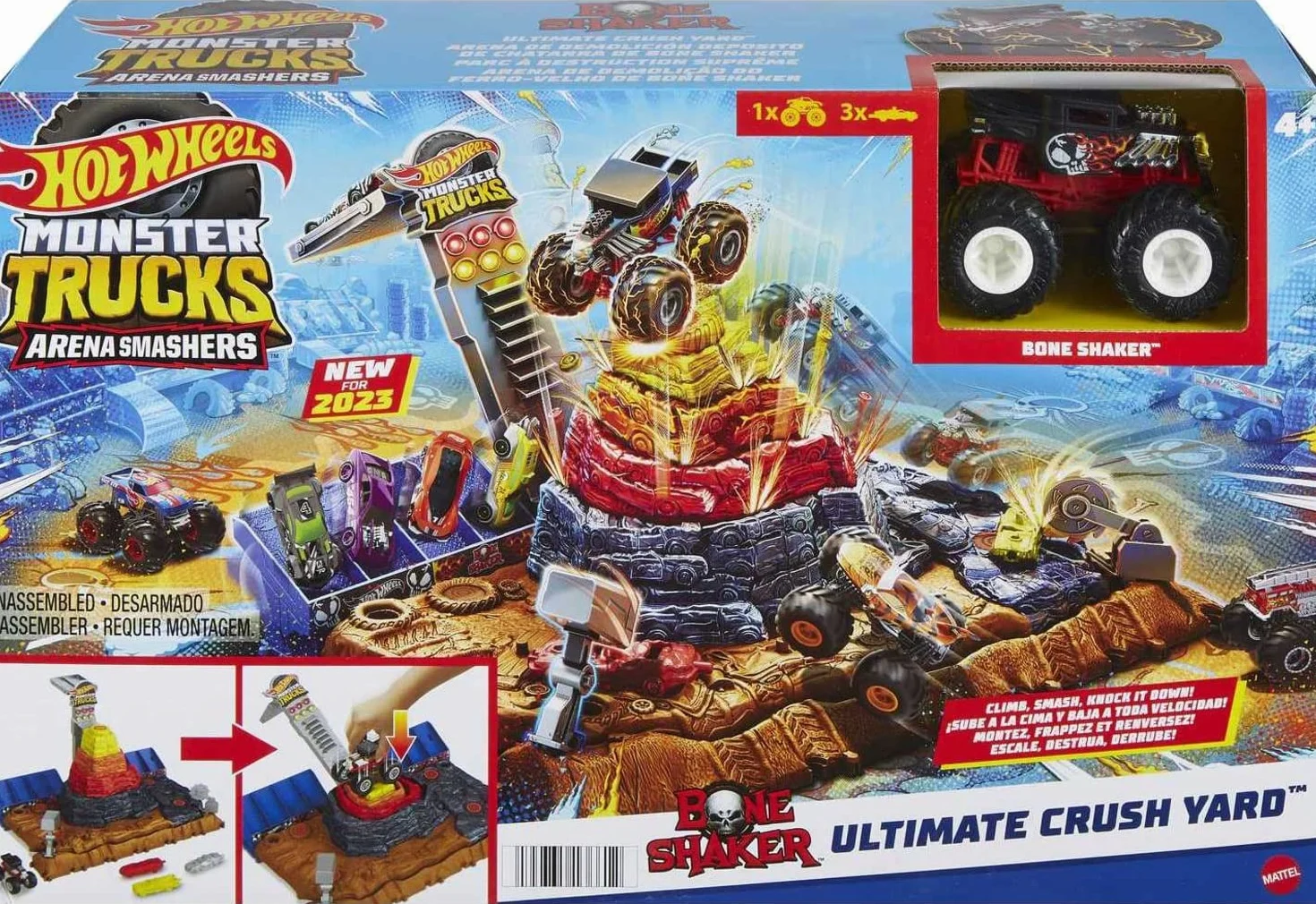 Hot Wheels Monster Trucks Arena Smashers Bone Shaker Piramida demolki Zestaw z 1 pojazdem i 3 autkami HNB96