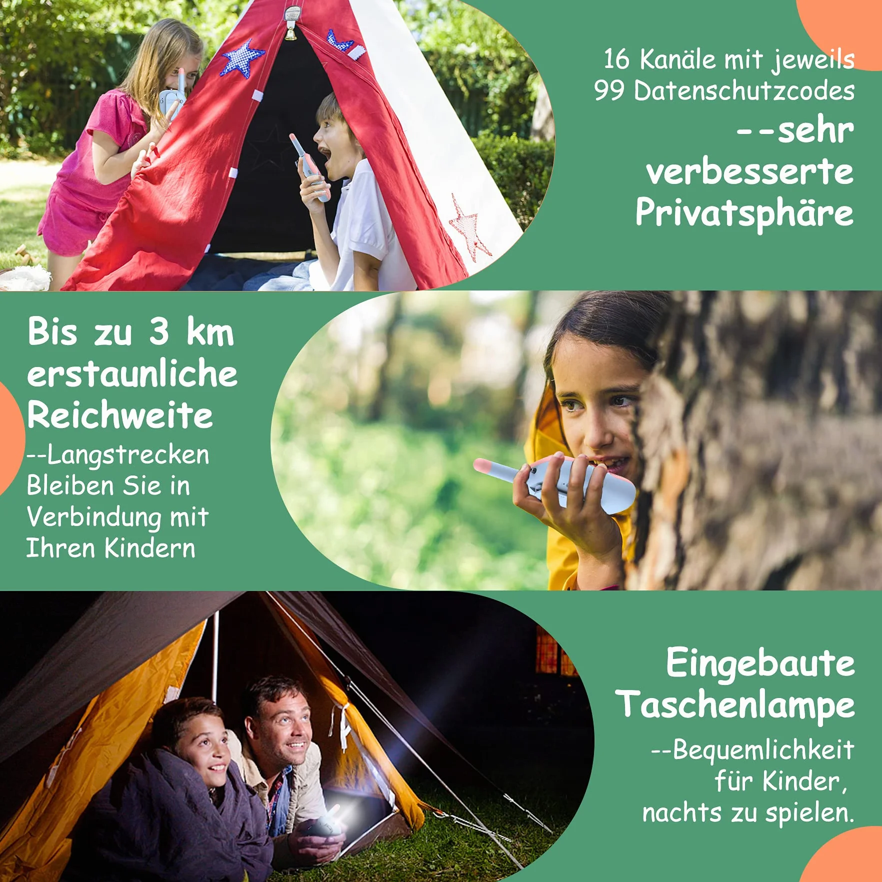 Kidsfun 2×Walkie Talkie dla Dzieci, USB Ładowanie Zabawka na Zewnątrz Walkie Talkie z Latarką, Prezent dla Chłopców i Dziewcząt od 3 Lat, Zasięg 3 Mile na Zakupy, na Zewnątrz, Camping