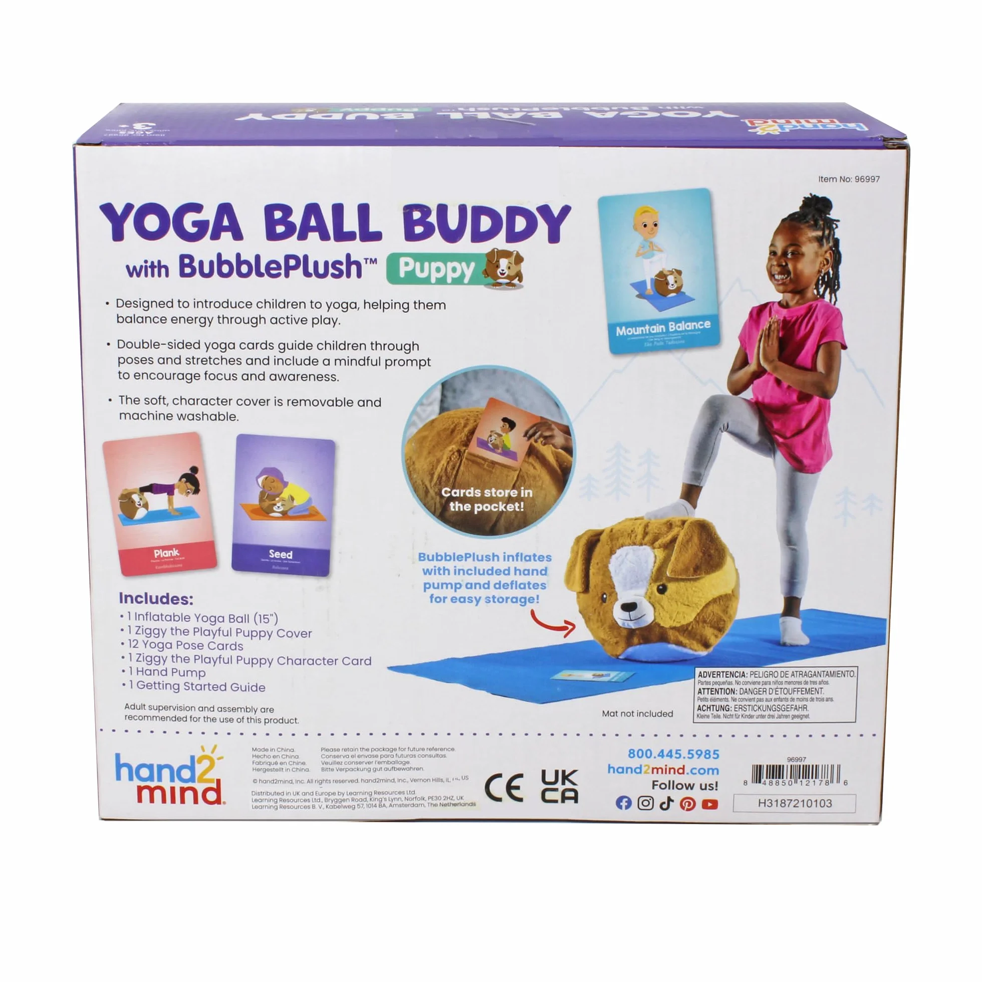 Learning Resources Yoga Ball Buddy z psem BubblePlush, piłka do jogi dla dzieci od 3 lat, gra do jogi dla równowagi i ruchu, z 12 kartami do jogi i pompką