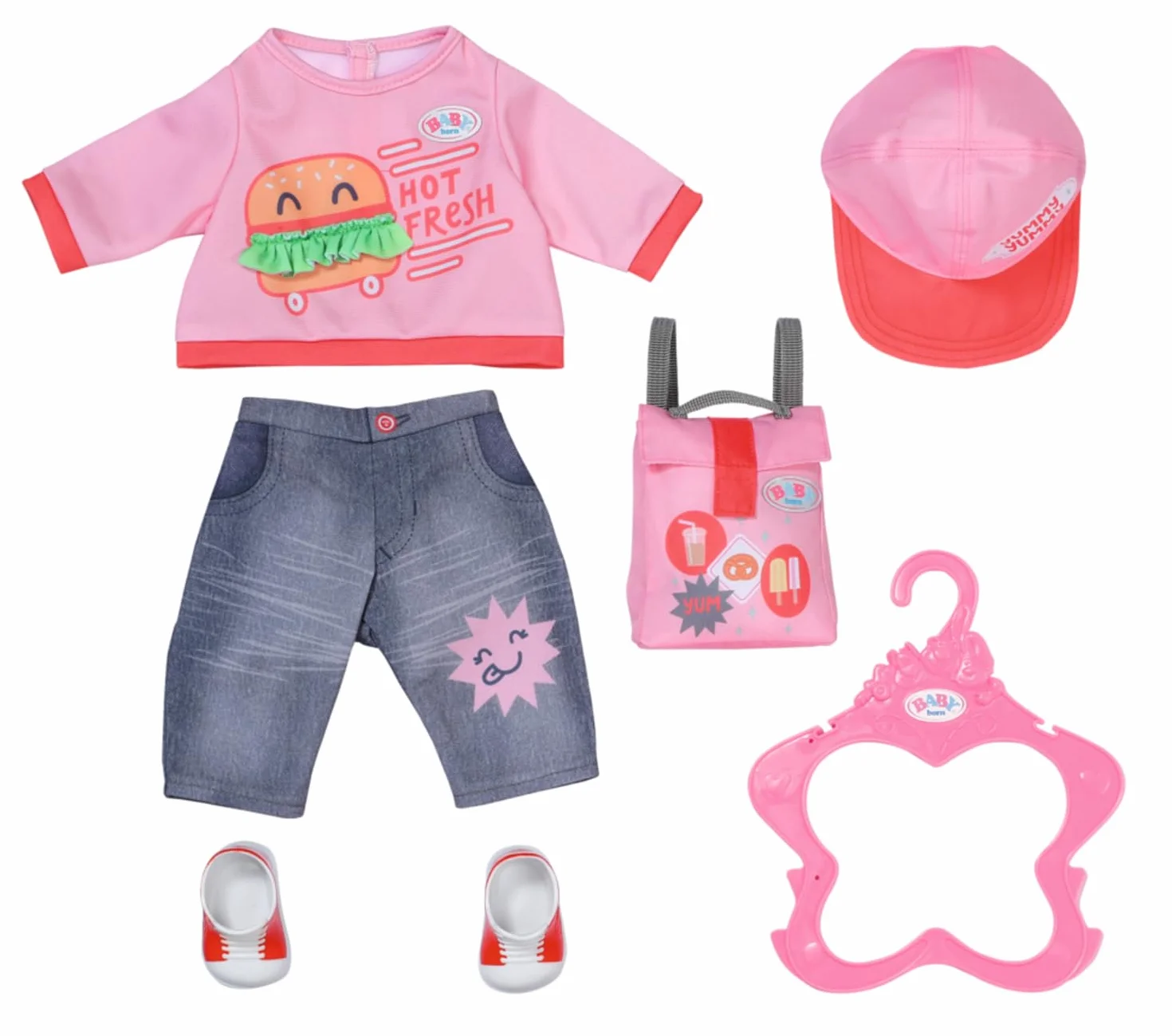 BABY born Snack Shop Outfit 835944 Zapf Creation kostium na zakupy z czapką, butami i plecakiem dla lalek 43 cm