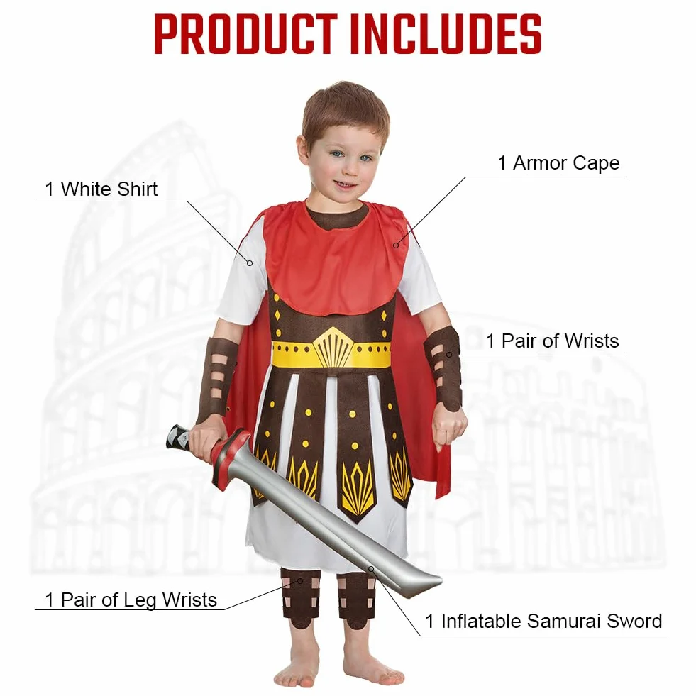 Kostium gladiatora dla dzieci z tunetem, ochrona ramion i nóg, 5-częściowy kostium gladiatora z mieczem samurajskim, odpowiedni na karnawał, Halloween, imprezę tematyczną