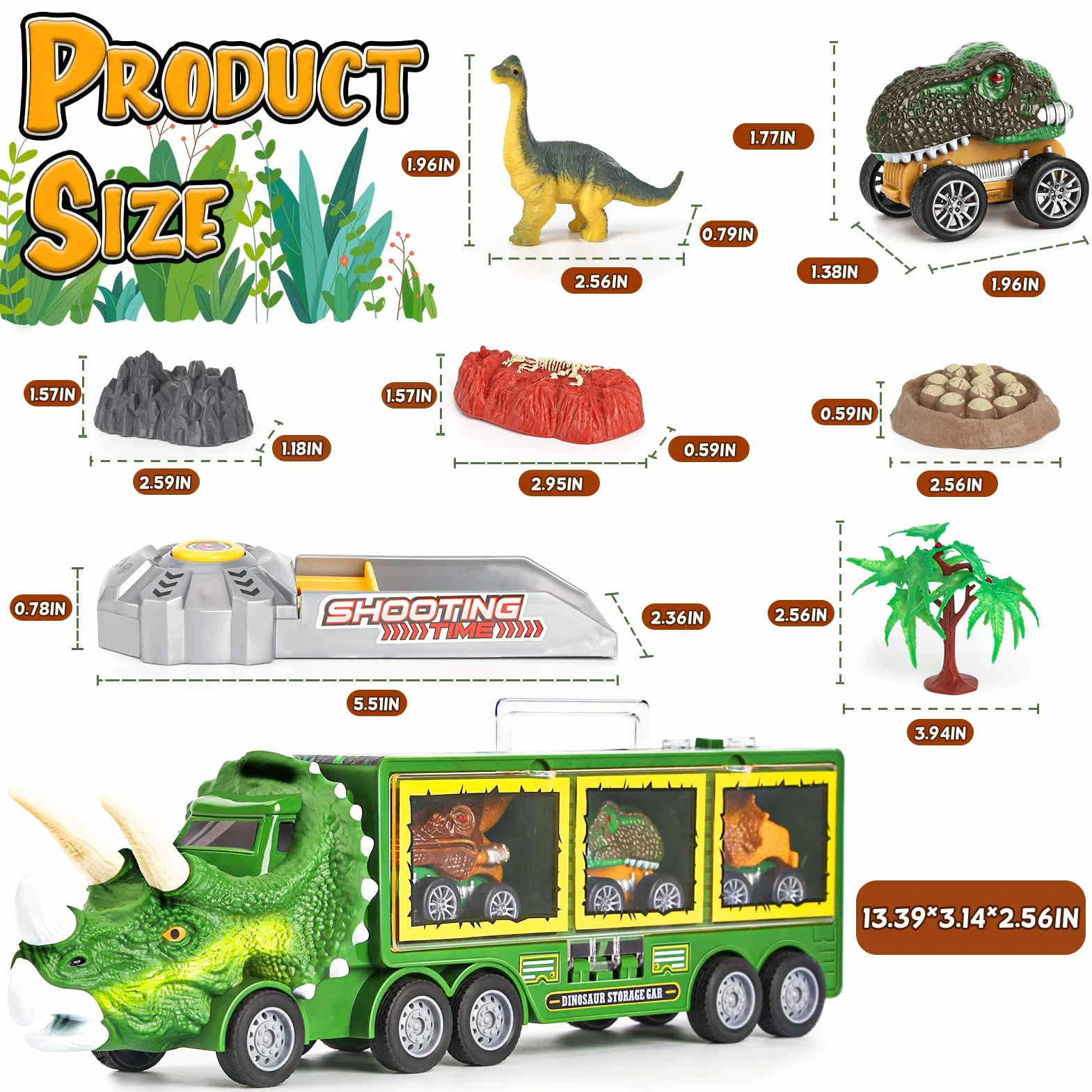 DINORUN Zabawki z dinozaurami, ciężarówka dla dzieci, ze światłem i dźwiękiem, zestaw transportowy zawiera wyciągany dinozaur, samochód, mini figurki dinozaurów, prezenty edukacyjne dla chłopców i dziewcząt
