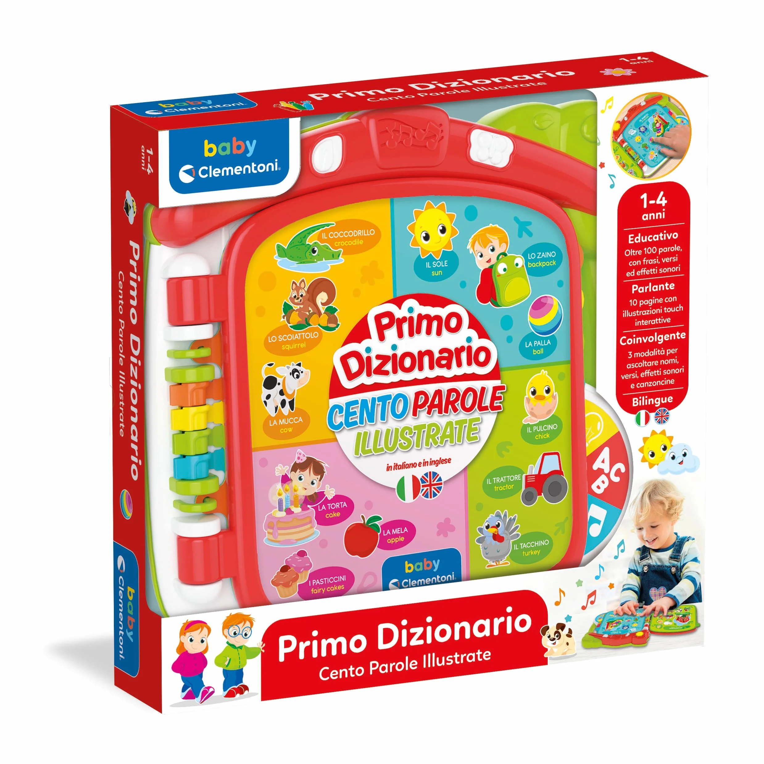 Clementoni Baby Discover the world in 100 worlds - interactive book 1 year electronic speaking, edukacyjna dwujęzyczna książka dla dzieci, dwujęzyczny dźwięk dotykowy, nauka włoskiego i angielskiego,