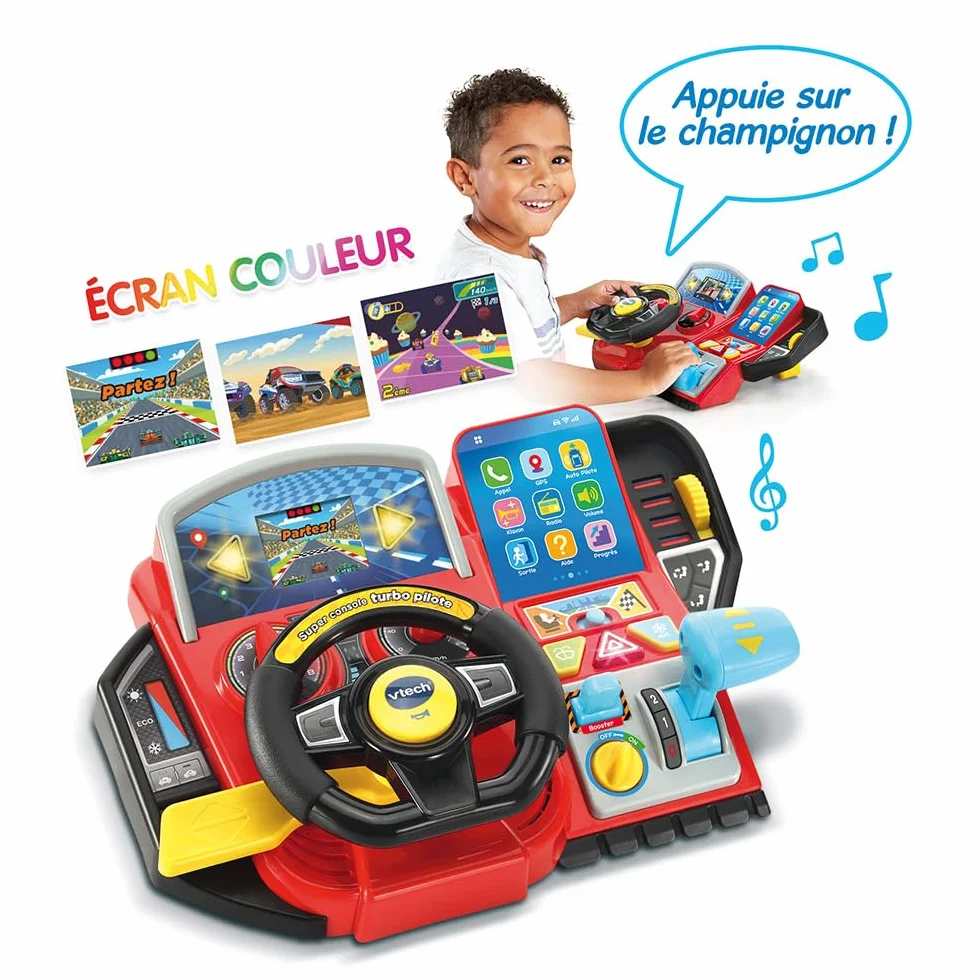 VTech - Super Turbo Console Driver, symulator jazdy z kolorowym ekranem i deską rozdzielczą, wyścigi samochodowe, nauka i gry, prezent dla dzieci w wieku od 3 lat do 8 lat - Zawartość w języku