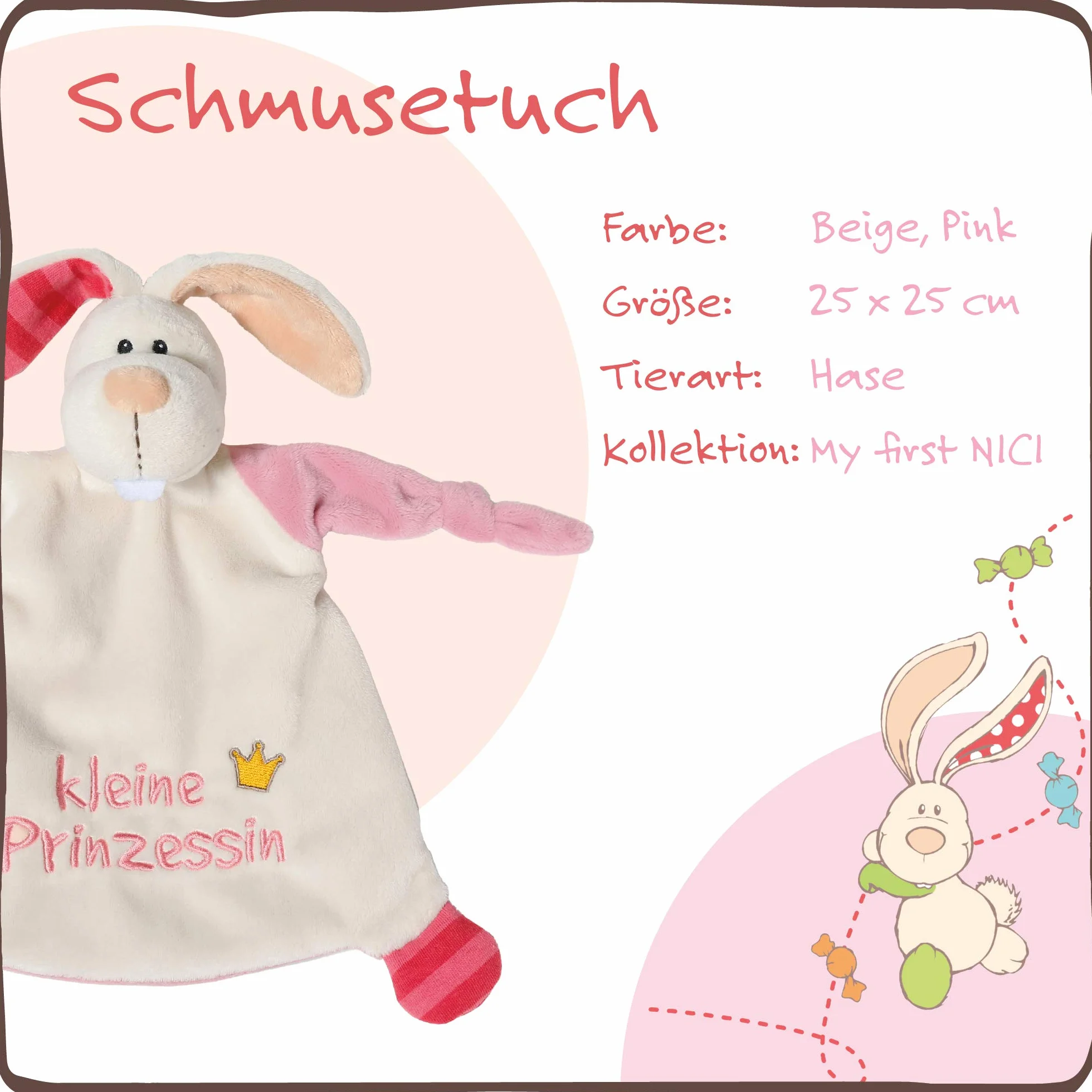 NICI Chusta do przytulania zając "Mała księżniczka" 25 x 25 cm – chusta do przytulania z zająca od 0+ miesięcy – przytulanka dla niemowląt i małych dzieci – przytulanka dla niemowląt i małych dzieci –