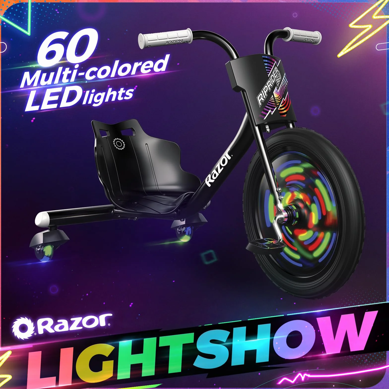 Razor RipRider 360 Lightshow - Trike z odlewami tylnymi i aktywowanymi ruchem wielokolorowymi światłami, 3-kołowy drifting dla dzieci w wieku 5 i powyżej