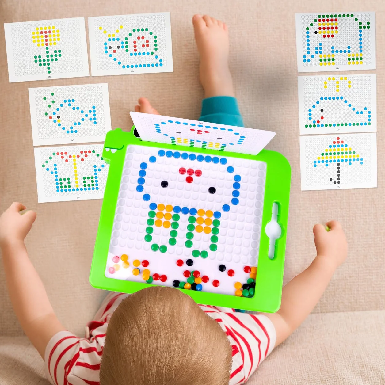 MalPlay Montessori tablica magnetyczna dla dzieci, koraliki mozaikowe, szablony puzzli dinozaurów, 20 różnych szablonów, od 3 lat, gra magnetyczna