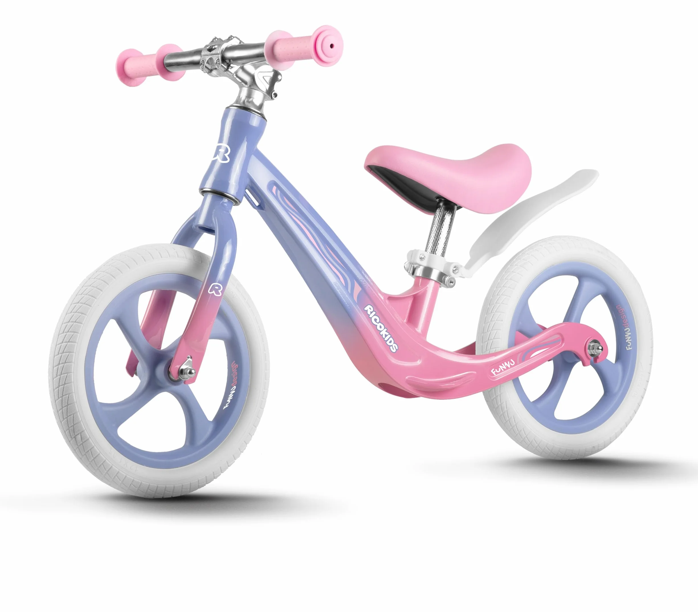 Ricokids Rowerek Biegowy dla Dzieci - Regulowane Siodełko - Opony PU 12'' Odporne na Przebicia - Funnu Niebieski Różowy