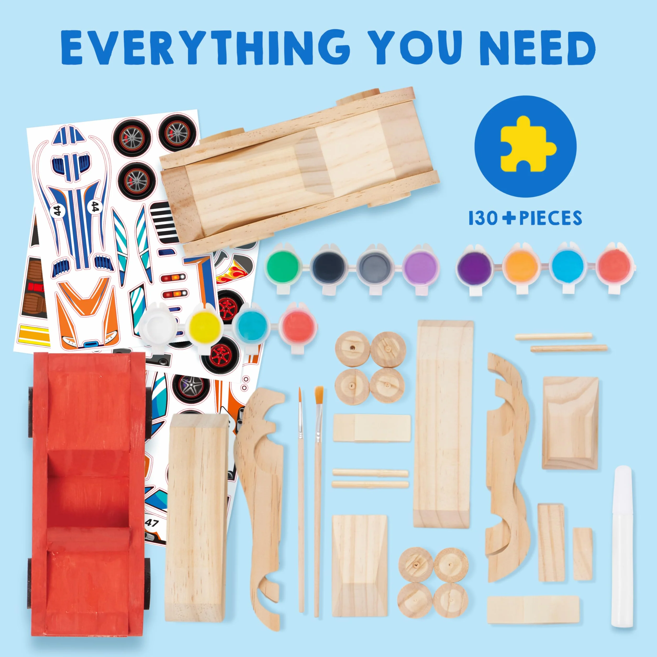 Klever Kits 4 drewniane samochody wyścigowe do samodzielnego montażu - Zbuduj i pomaluj swój własny drewniany zestaw do majsterkowania, 4 samochody wyścigowe, łatwe w montażu, prezenty urodzinowe