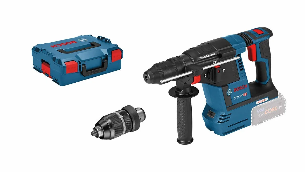 Bosch Professional system 18V: akumulatorowy młot udarowo-obrotowy GBH 18V-26 F (rękojeść dodatkowa, ogranicznik głębokości, sukno maszynowe, wymienny uchwyt SDS plus, walizka L-BOXX)
