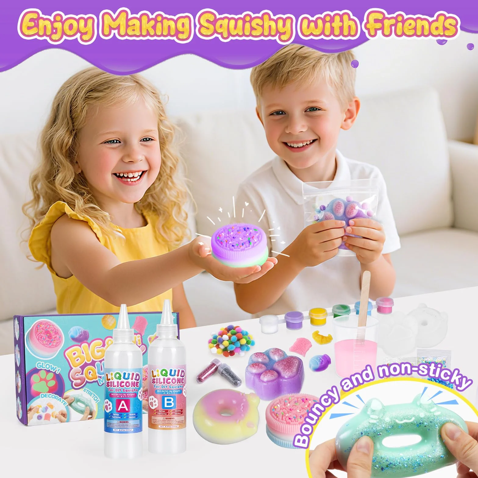 Highttoy Zestaw do tworzenia świecących w ciemności Duży Zabawek Squishy, 480ml 1:1 płynny silikon AB mieszany w stosunku 1:1 gumowe zabawki squishy z 9 foremkami i akcesoriami
