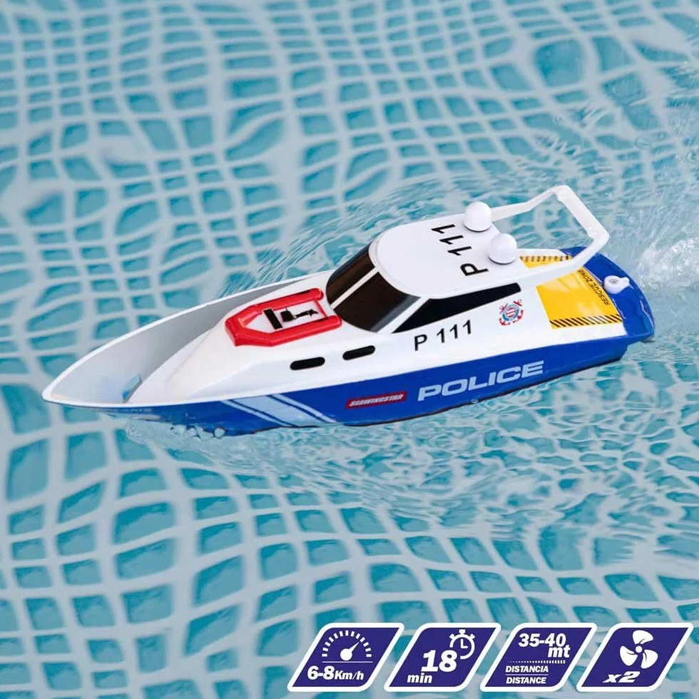 ColorBaby 47674 Racing Boat Boat Police Radiocontrol, 36x10x10 cm, Pilot zdalnego sterowania, 6 kierunków, 2,4 GHz, zasięg 35-40 m, łódź RC, zabawki dla dzieci, 4 lata