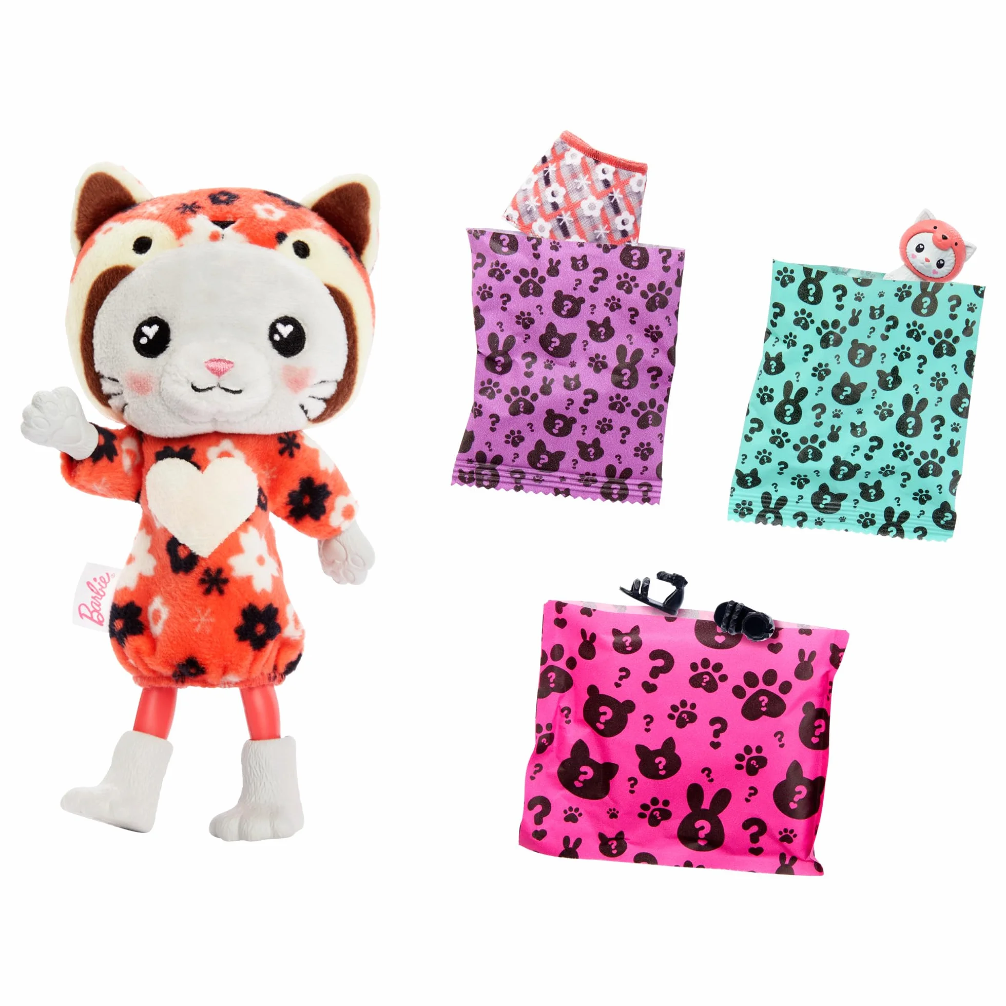 Barbie Cutie Reveal Chelsea Lalka Kotek-Panda Czerwona Seria Kostiumy Zwierzaczki Lalka w kostiumie kotka przebranego za pandę czerwoną z 6 niespodziankami, w tym zmianą koloru, HRK28