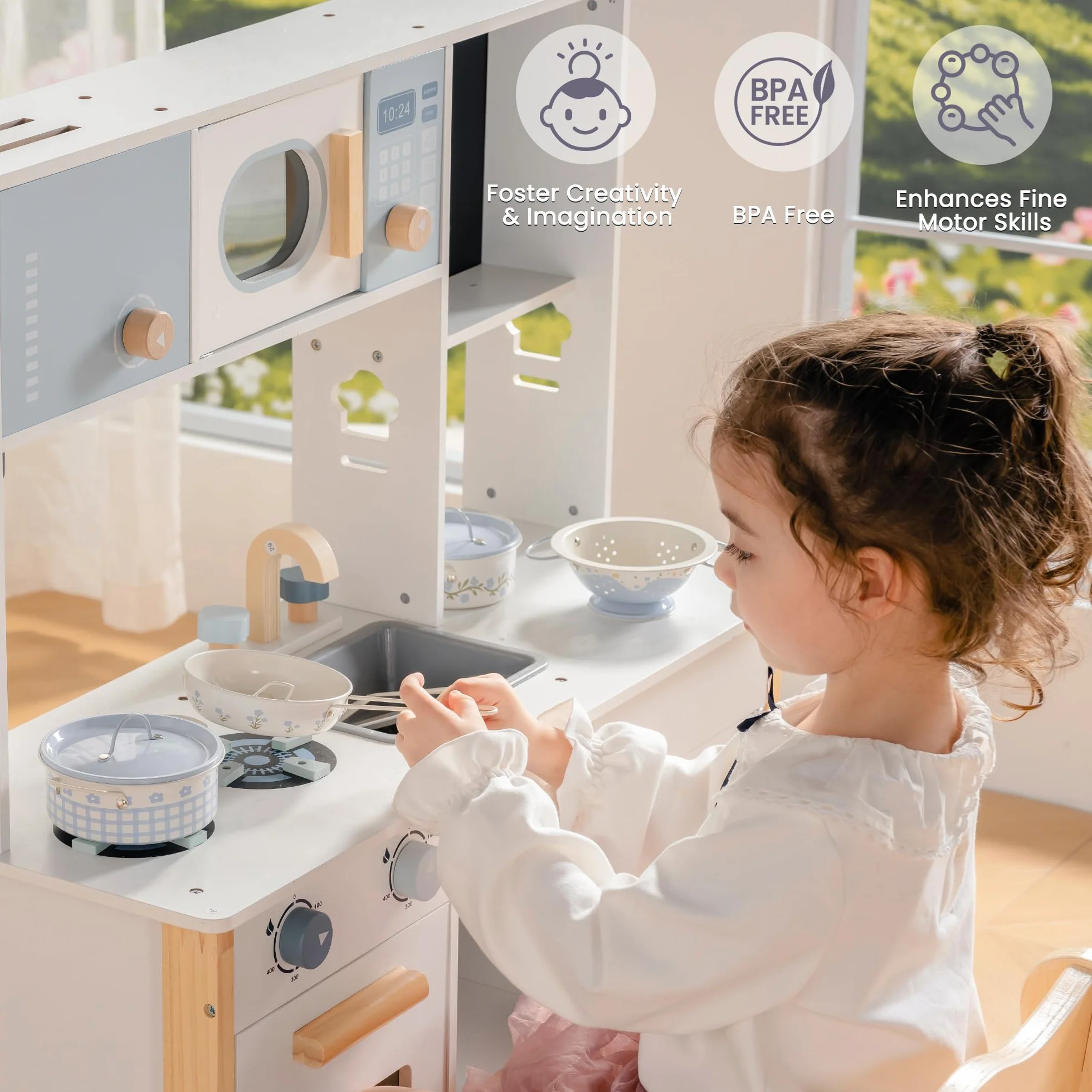 ROBOTIME Blaszane naczynia do gotowania w kształcie niebieskich kwiatów, mini akcesoria kuchenne do zabawy, garnki do zabawy i patelnie, zabawki z torbą siatkową, kremowy francuski styl dla dzieci w