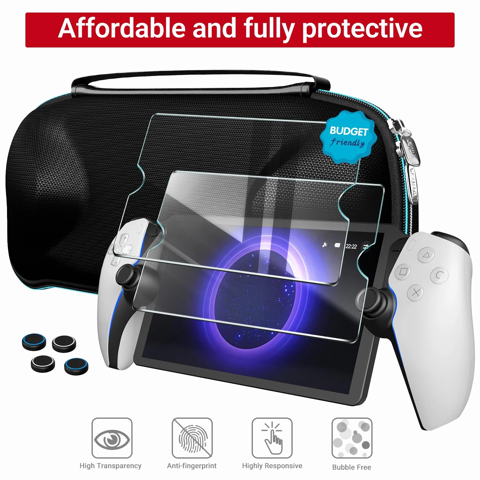 iVoler Etui do PlayStation Portal Remote Player z funkcją ładowania + 2 szt. szkła hartowanego. Sztywna torba podróżna, wstrząsoodporna, czarna