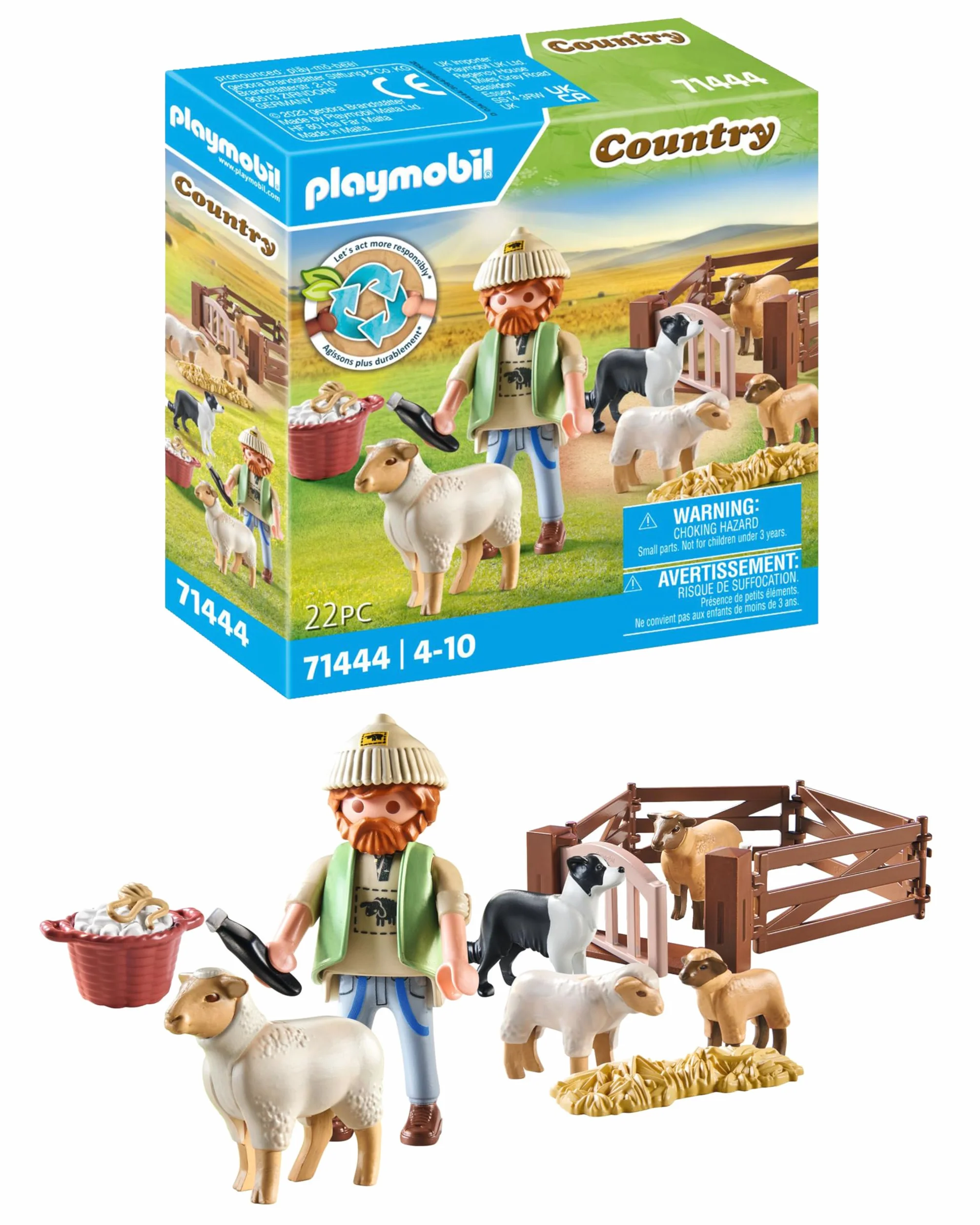 PLAYMOBIL Country 71444 Młody owczarz z owcami, border collie, maszynką do strzyżenia owiec i słomą. Zabawne i pomysłowe odgrywanie ról, zabawki dla dzieci w wieku od 4 roku życia