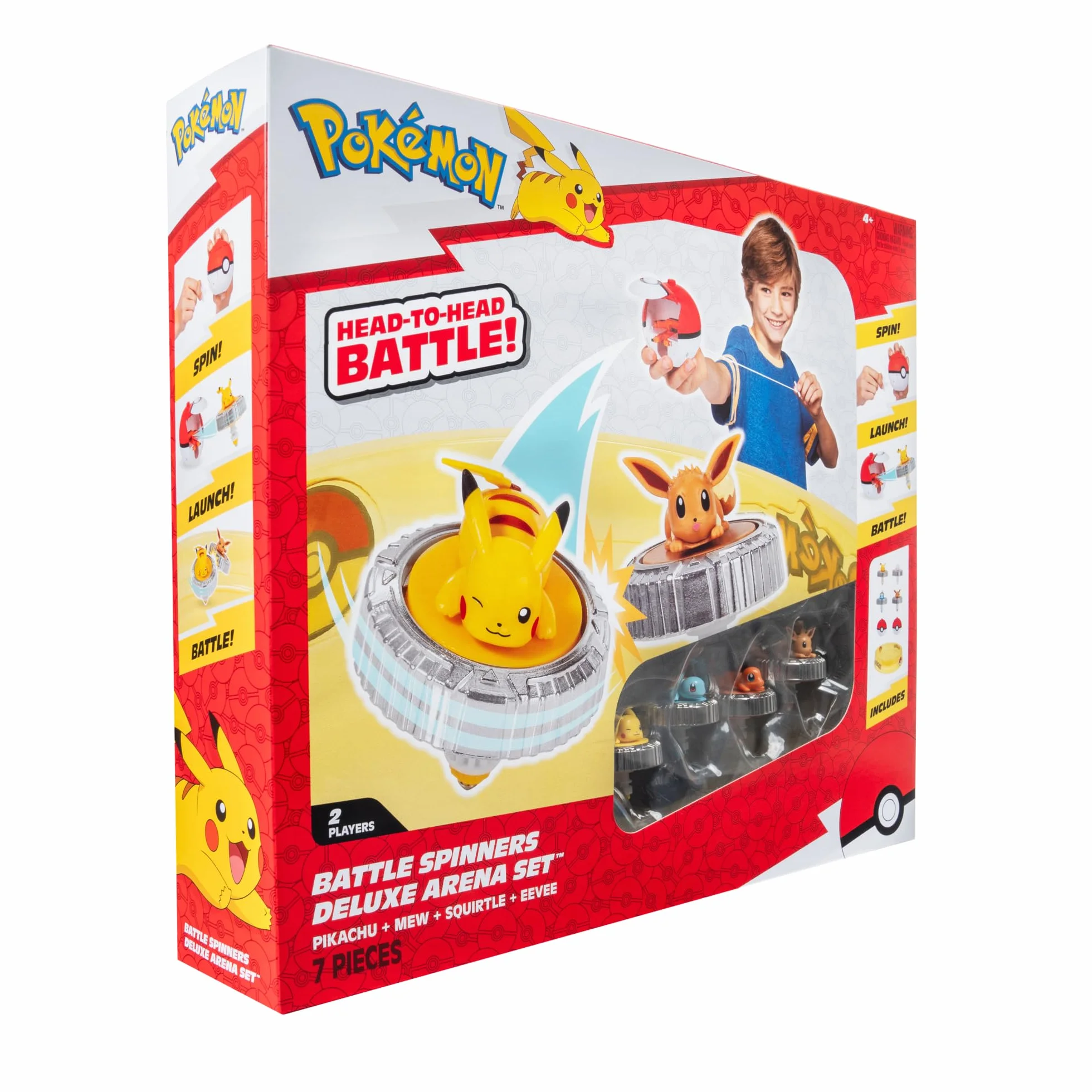Bandai - Pokémon Arena + 4 Spinnery w Zestawie - 2 Wyrzutnie Pokéball + 4 Bączki Pikachu, Evoli, Caparchip i Salamche - Fighting - Zabawka Dla Dzieci 4 Lata i + JW4411