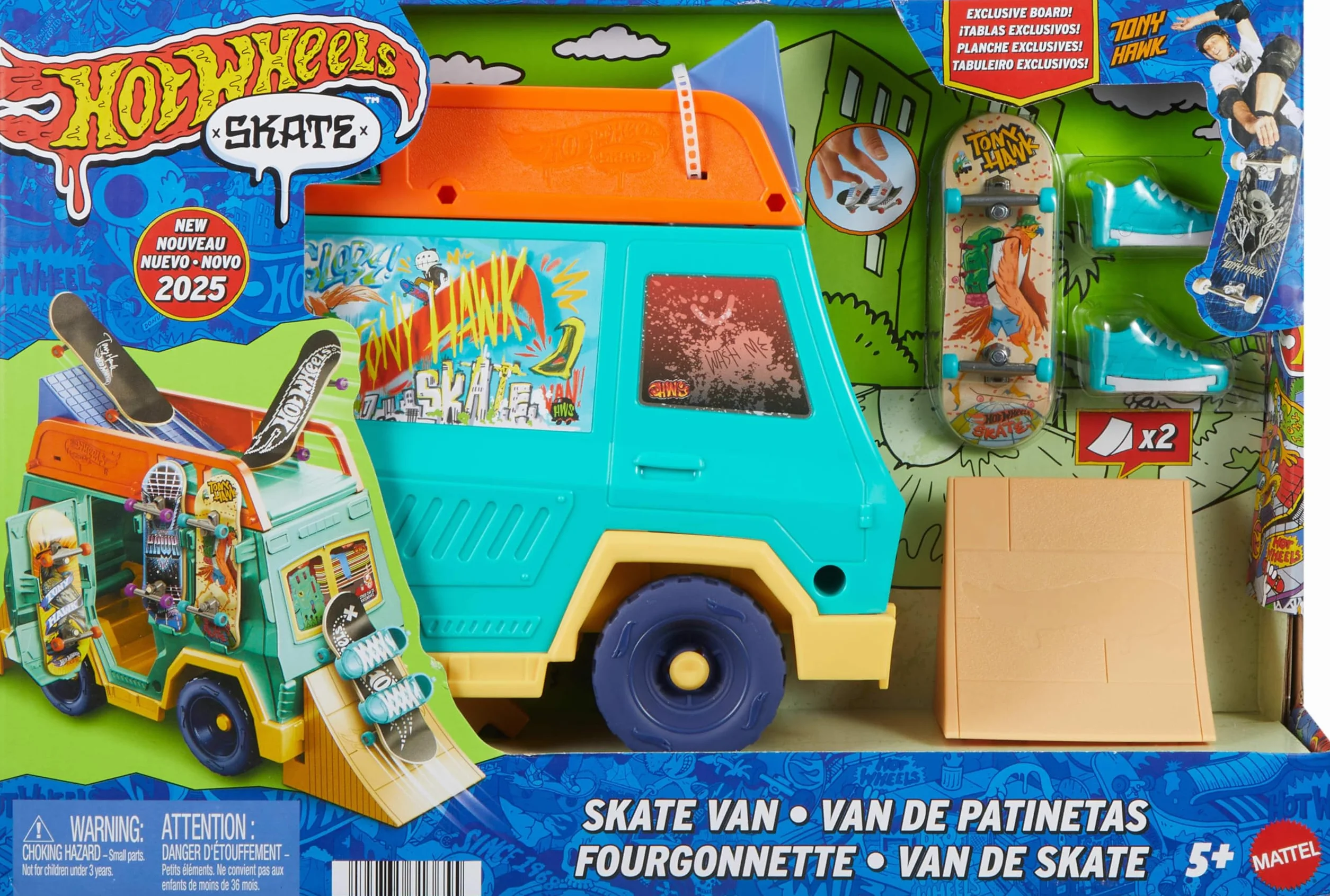 Hot Wheels Skate Van Pojazd i Zestaw 2 w 1 z Deskorolką i Butami na Palce Tony Hawk, Zabawka dla Dzieci JGG91