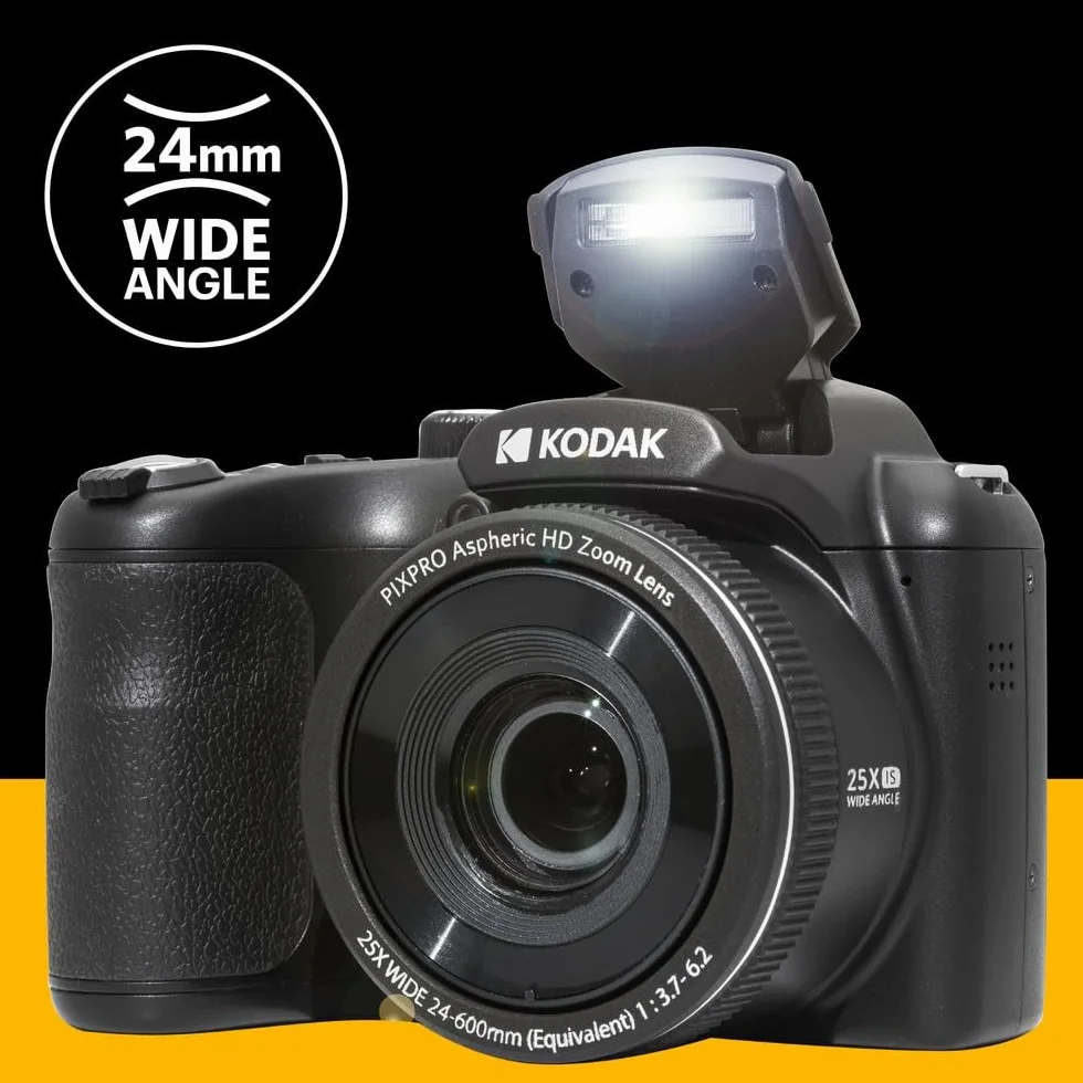 KODAK Pixpro Astro Zoom AZ255 + karta pamięci SD 32 GB - aparat cyfrowy 16 MP, 25-krotny zoom, wideo HD 1080p, szeroki kąt 24 mm, ekran LCD 3, bateria AA - czarna