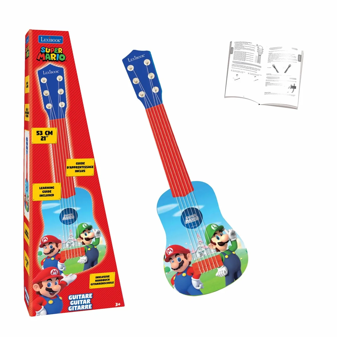 Lexibook Nintendo Mario Luigi My First Guitar, 6 Strun Nylonowych, 53 cm, Przewodnik w Zestawie, Niebieski, Czerwony, K200NI