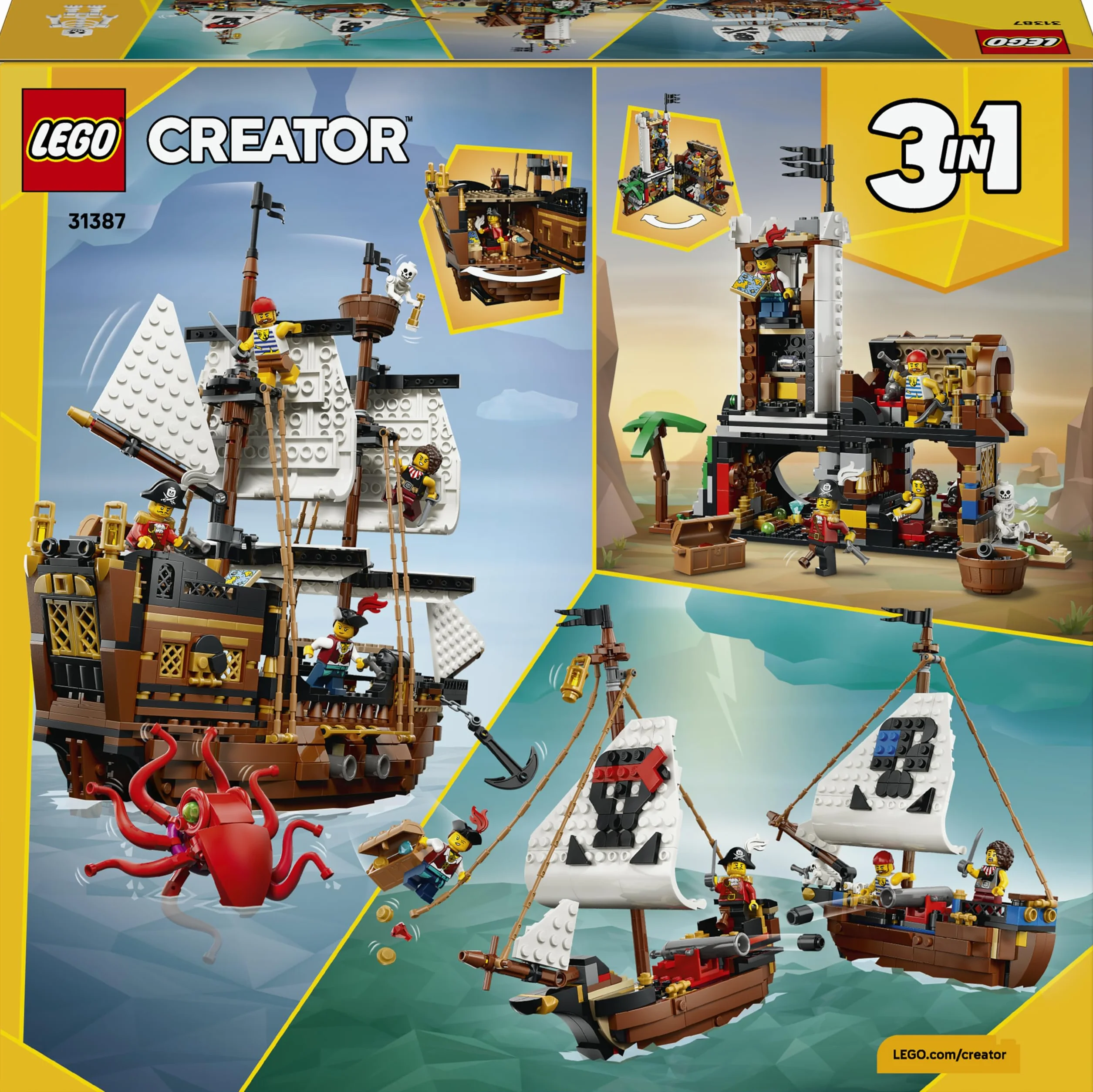 LEGO Creator 3 w 1 Legendarny statek piracki, zabawka konstrukcyjna dla chłopca lub dziewczynki, możliwość przebudowania na zamek lub bliźniacze statki, prezent dla dzieci w wieku od 9 lat 31387