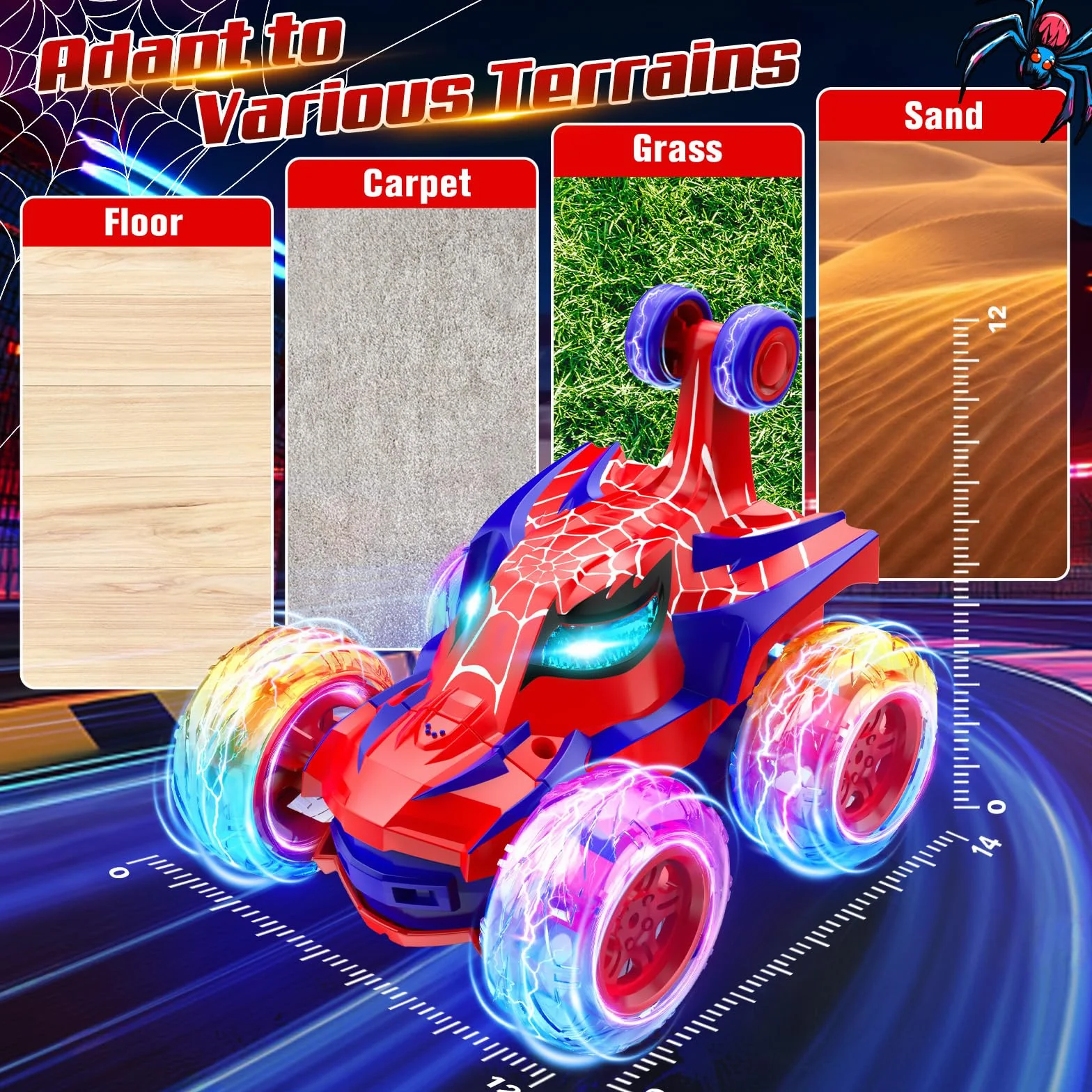 Samochód zdalnie sterowany pająk, sterowanie radiowe 2,4 GHz Monster Truck ze światłami RC samochody zabawki 3 4 5 6 7 8 9 10 lat, zdalnie sterowany samochód 360° urodziny dzieci prezenty świąteczne
