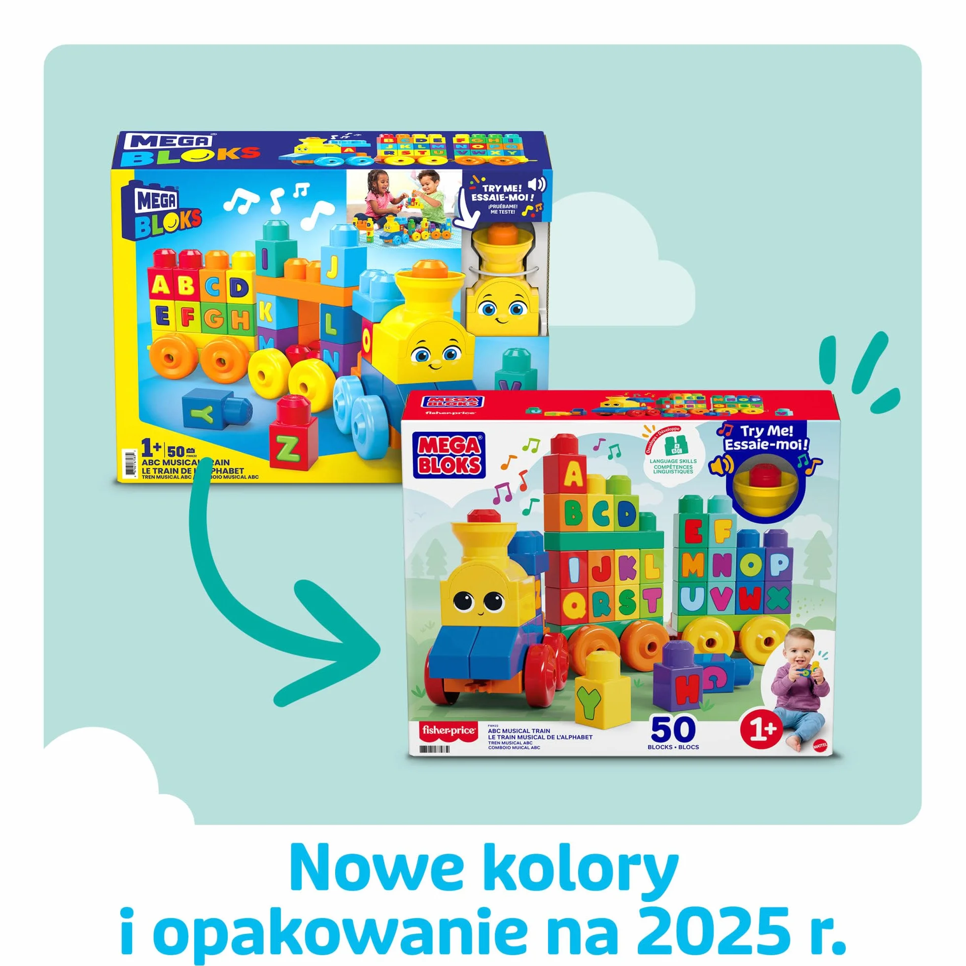 Mega Bloks Muzyczny Pociąg ABC z klockami z literkami odtwarzający realistyczne dźwięki i muzykę, FWK22