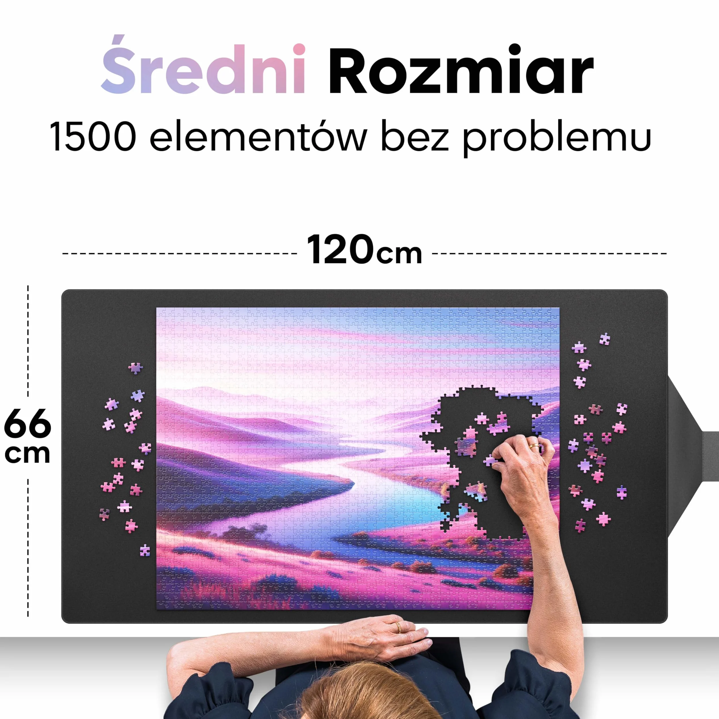 Puzzlup Mata do Układania Puzzli do 1500 Elementów – 66 x 120 cm – Premium Wałek do Puzzli 500, 1000 i 1500 Elementów – Zwiń w Sekundy – Mata z Ekologicznym Opakowaniem