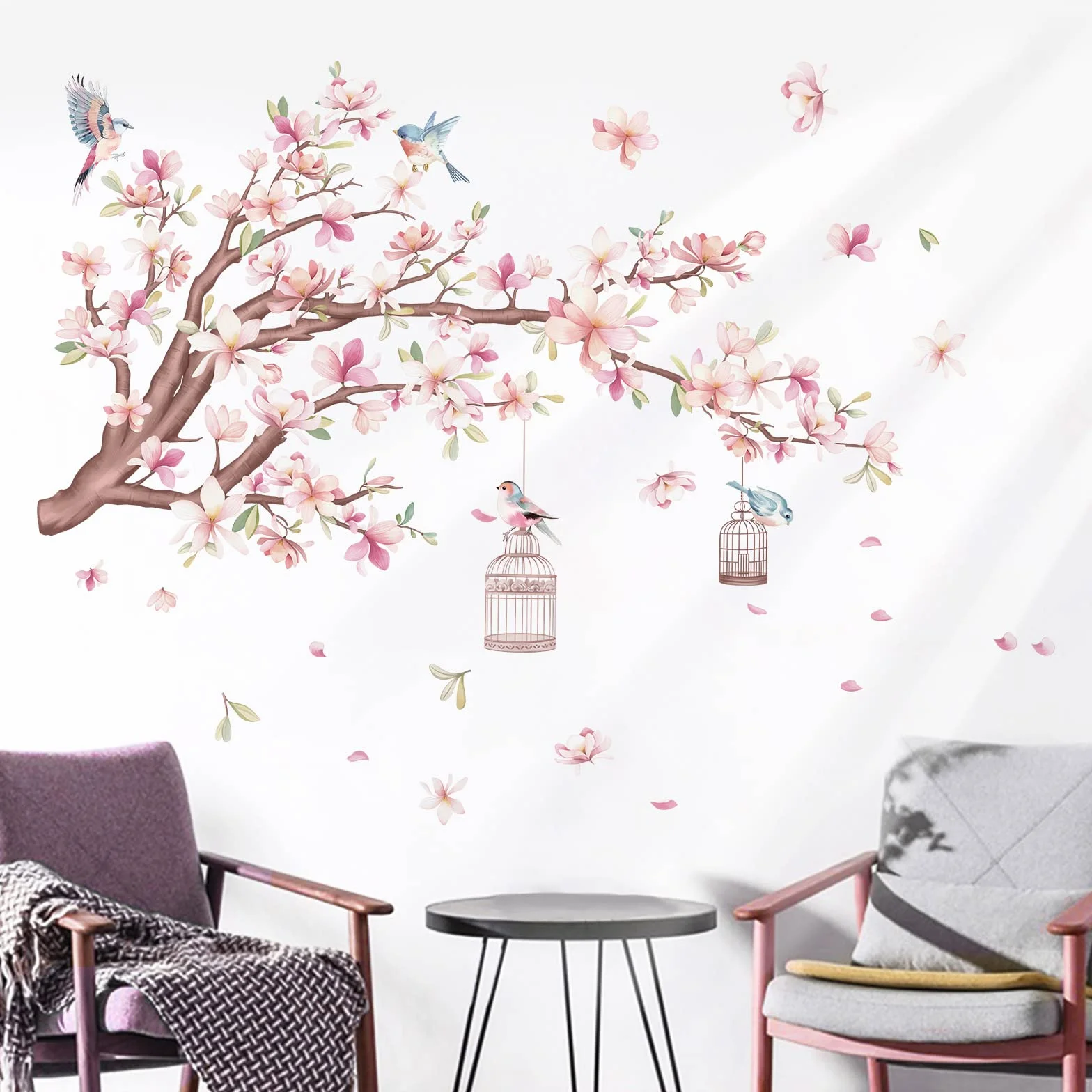 wondever Kwiatowe naklejki ścienne, różowe i białe, magnolia, gałąź drzewa, ptaki, odklej i przyklej, sztuka, do salonu, sypialni, za telewizor