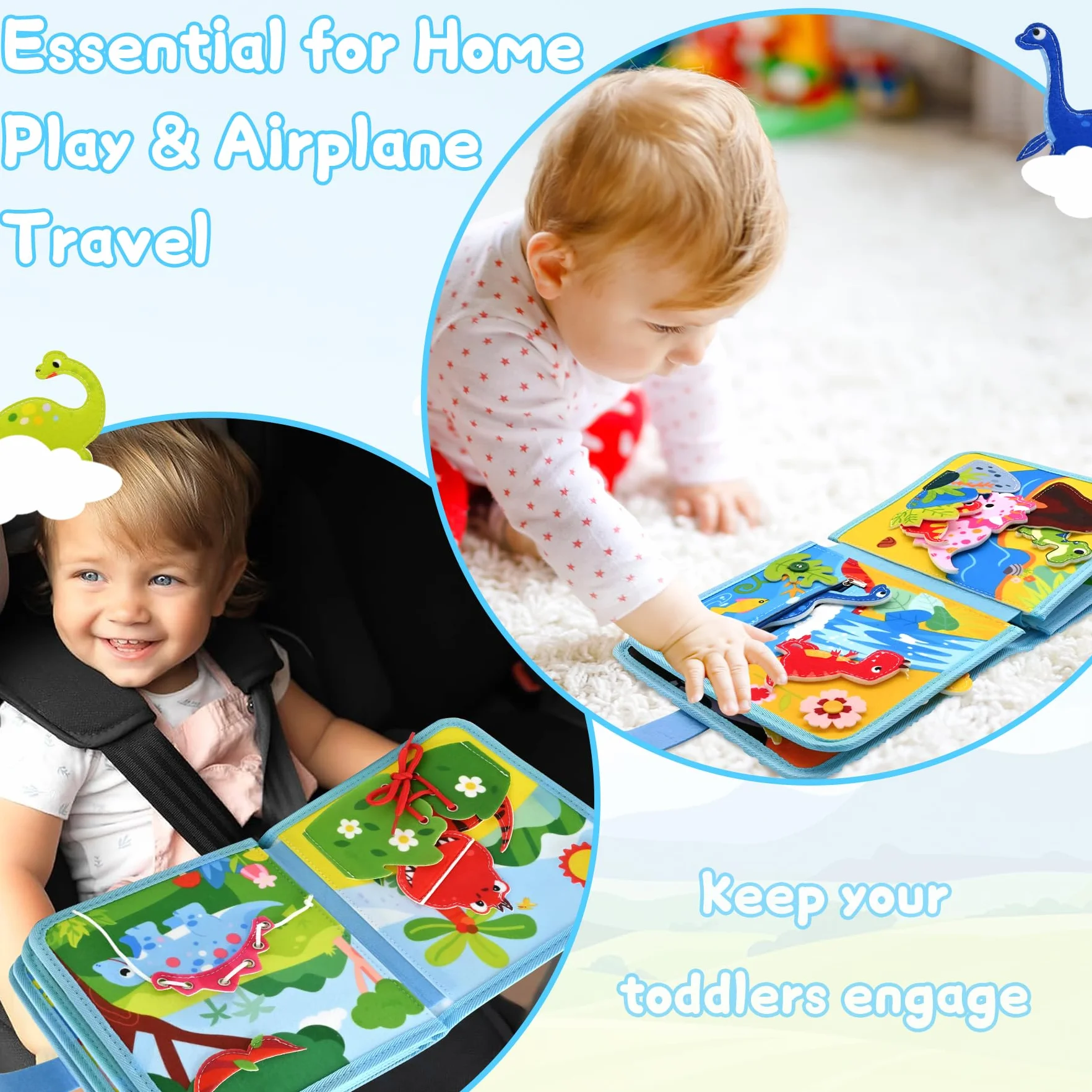 Busy Board od 1, 2, 3 lata, motyw dinozaurów, zabawka, zabawka Montessori, do podróży, samochodu, samolotu, zajęć edukacyjnych dla małych dzieci, busy Book prezent urodzinowy