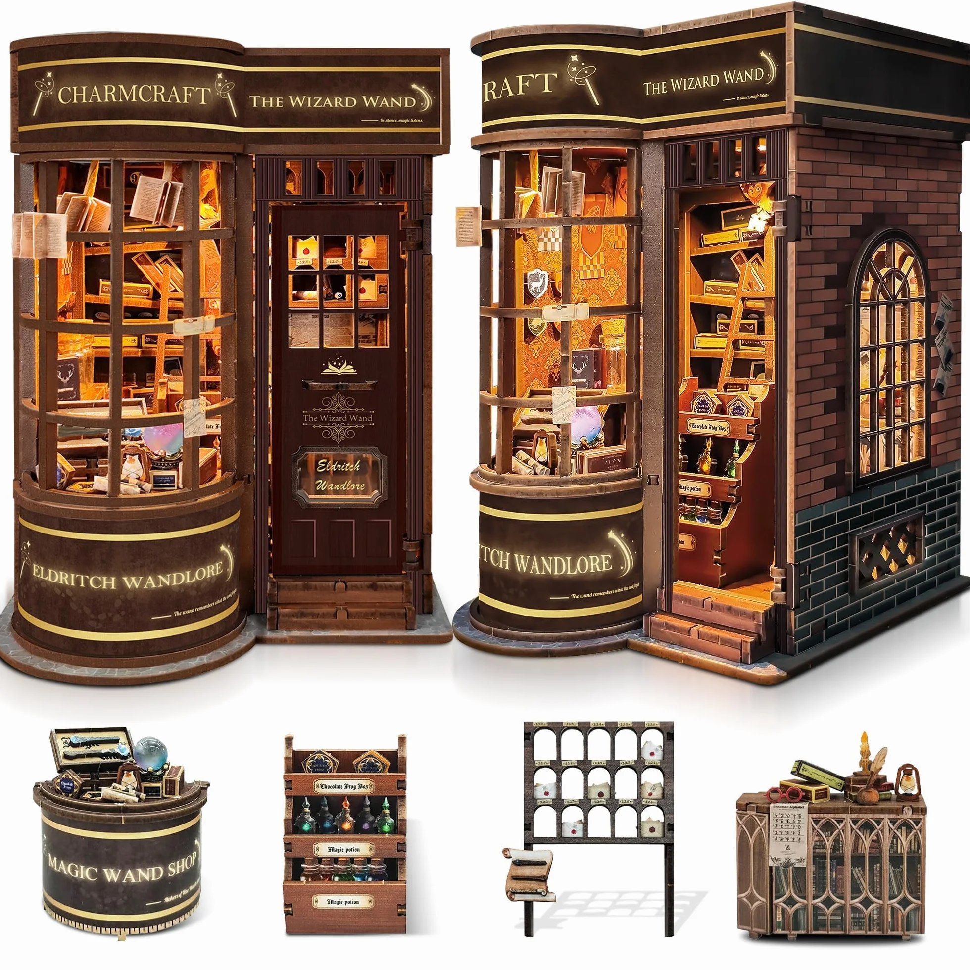 Zestaw do budowy wnętrza książkowego dla dorosłych: LUMYCE drewniane puzzle DIY miniaturowy dom 3D dom lalek - podpórka do księgarni z oświetleniem LED, kreatywny prezent dla czytelników