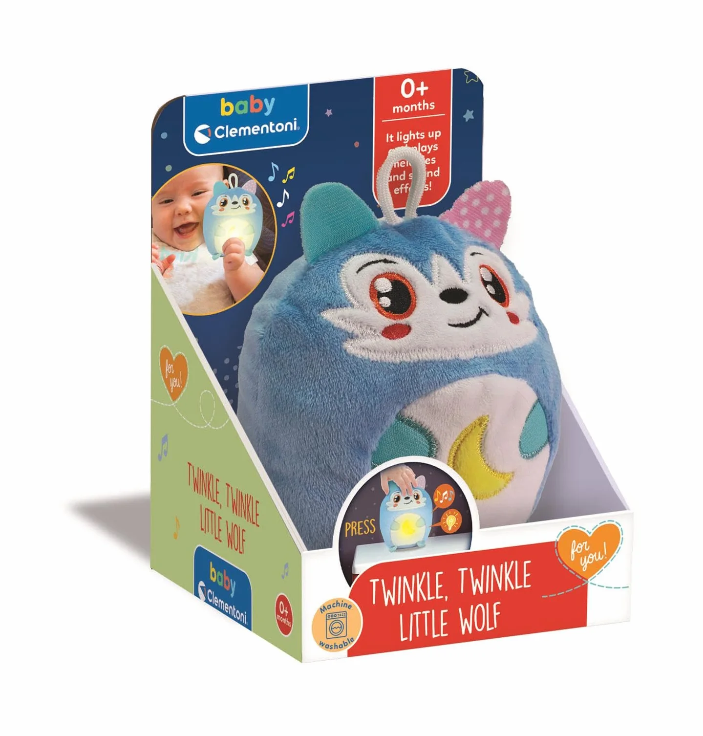 Clementoni Baby for You - Twinkle Twinkle Little Wolf, lampka nocna dla dzieci, 0-miesięczna gra dla dzieci +, wilk z kojącymi światłami i dźwiękami, wsparcie dla spokojnego snu, 17554