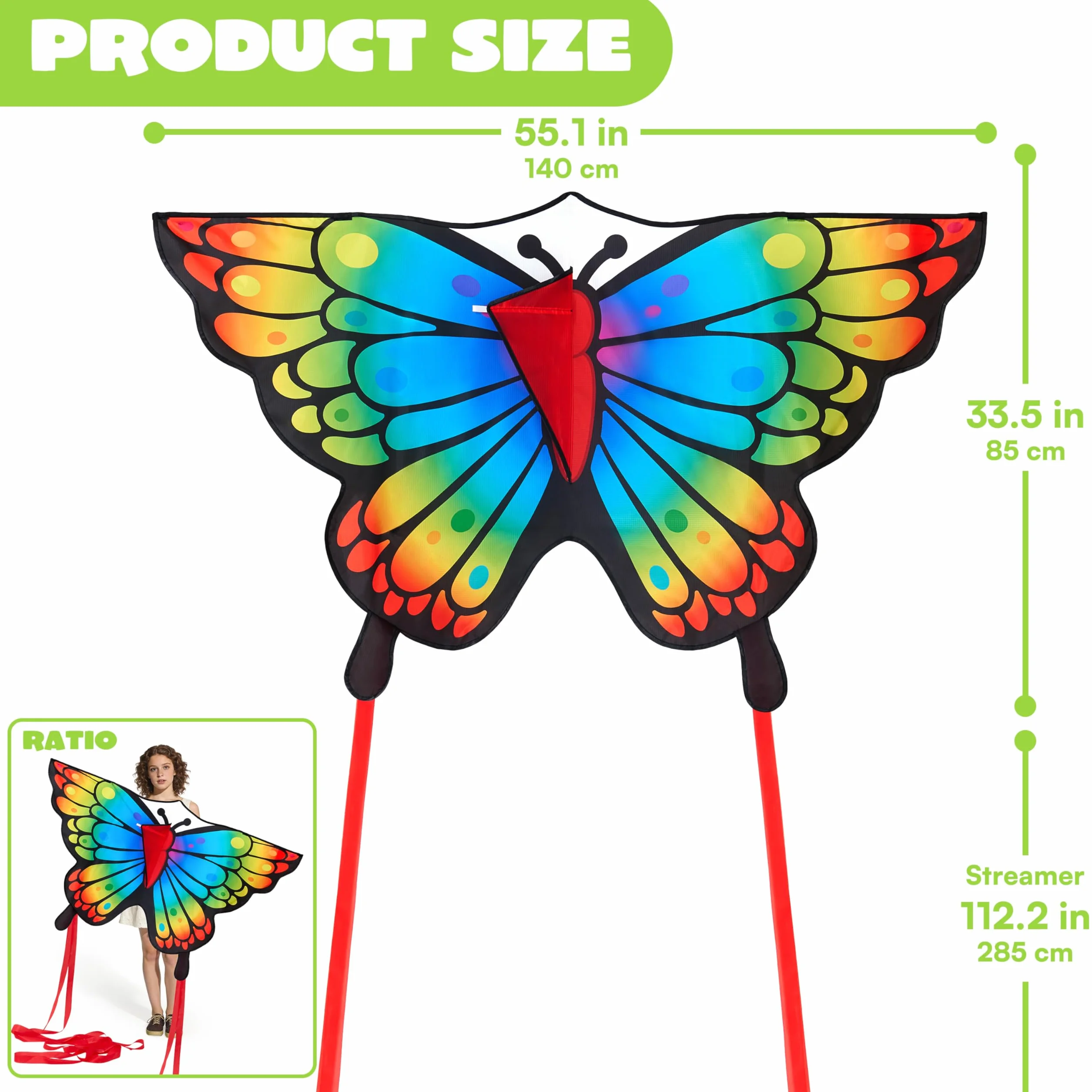 JOYIN Tęczowe latawce motylkowe dla dzieci i dorosłych, łatwe do latania, duże latawce na jednej lince dla dzieci – 140 cm x 70 cm, ze sznurkiem o długości 100 m, dla początkujących, motylkowy