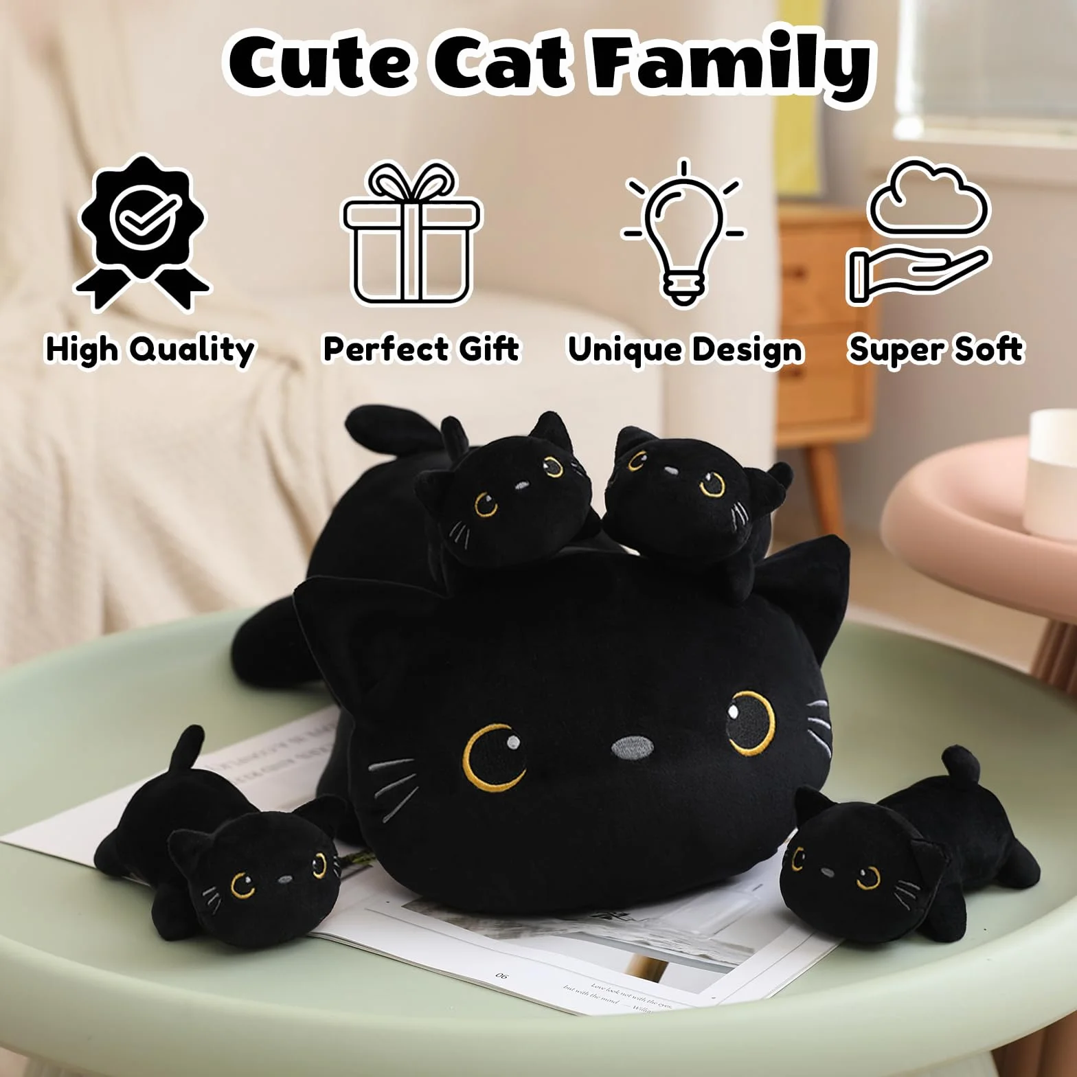 SQEQE Black Cat Plushies wypchane zwierzęta z 4 niemowlętami, śliczny czarny kot, pluszowa poduszka, miękka zabawka, prezent urodzinowy dla dziewcząt, chłopców