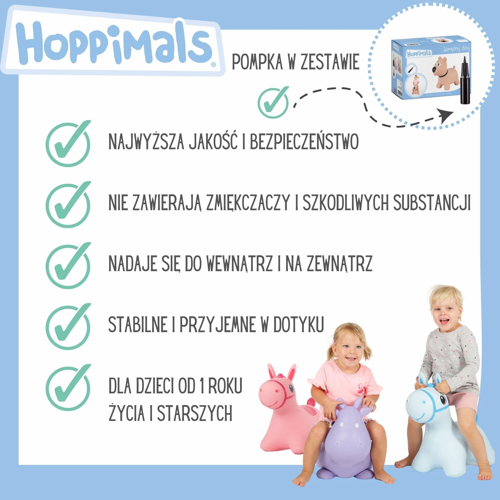 Gumowy Skoczek dla Dzieci Nadmuchiwana Zabawka do Skakania Piesek Brązowy T-TFF-NN172 Pompka i Kartonik w Zestawie Przeznaczone dla Dzieci już od 1 Roku Życia Idealny Prezent na Roczek