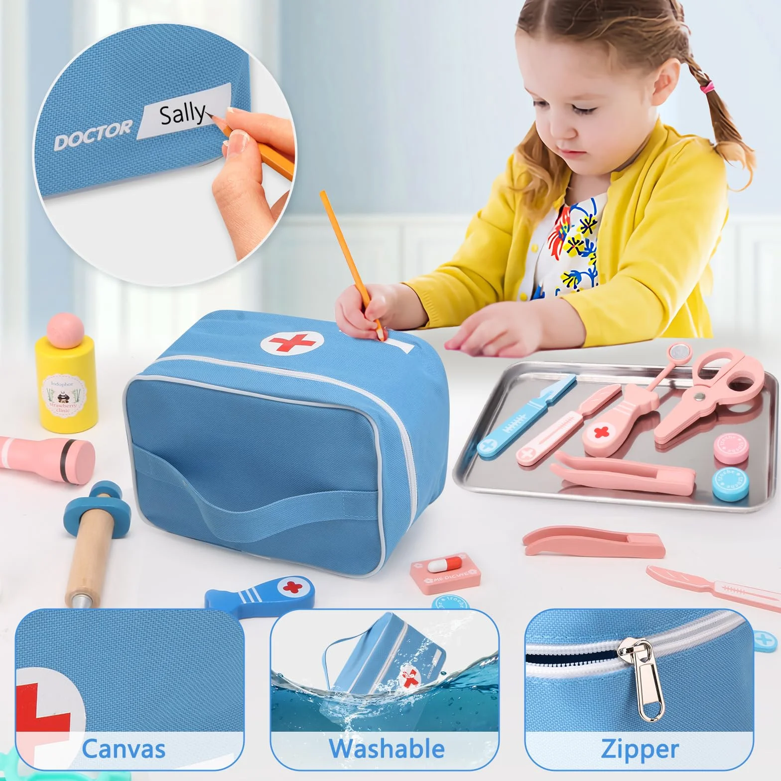 Walizka lekarska dla dzieci, drewniany zestaw doktor dziewczynki, z prawdziwym stetoskopem, termometrem, fartuchem lekarskim i przenośną torbą lekarską, odgrywaniem ról, zabawkami dla dzieci