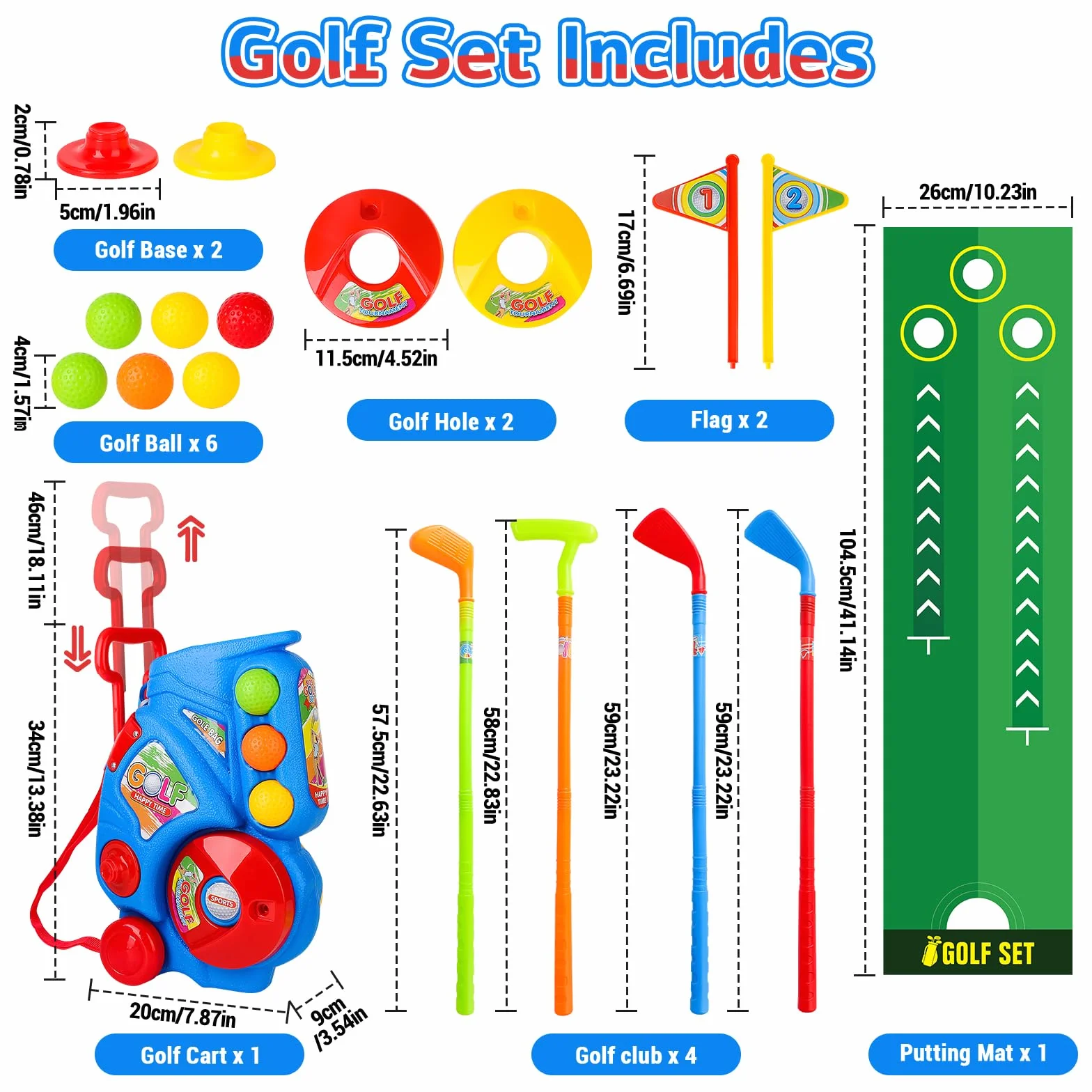 deAO Zestaw golfowy dla dzieci, w zestawie mata do golfa, 4 putter golfowe 60 cm, 6 piłek golfowych, zabawka dla malucha, zabawka do użytku wewnątrz i na zewnątrz, prezent urodzinowy dla chłopców i