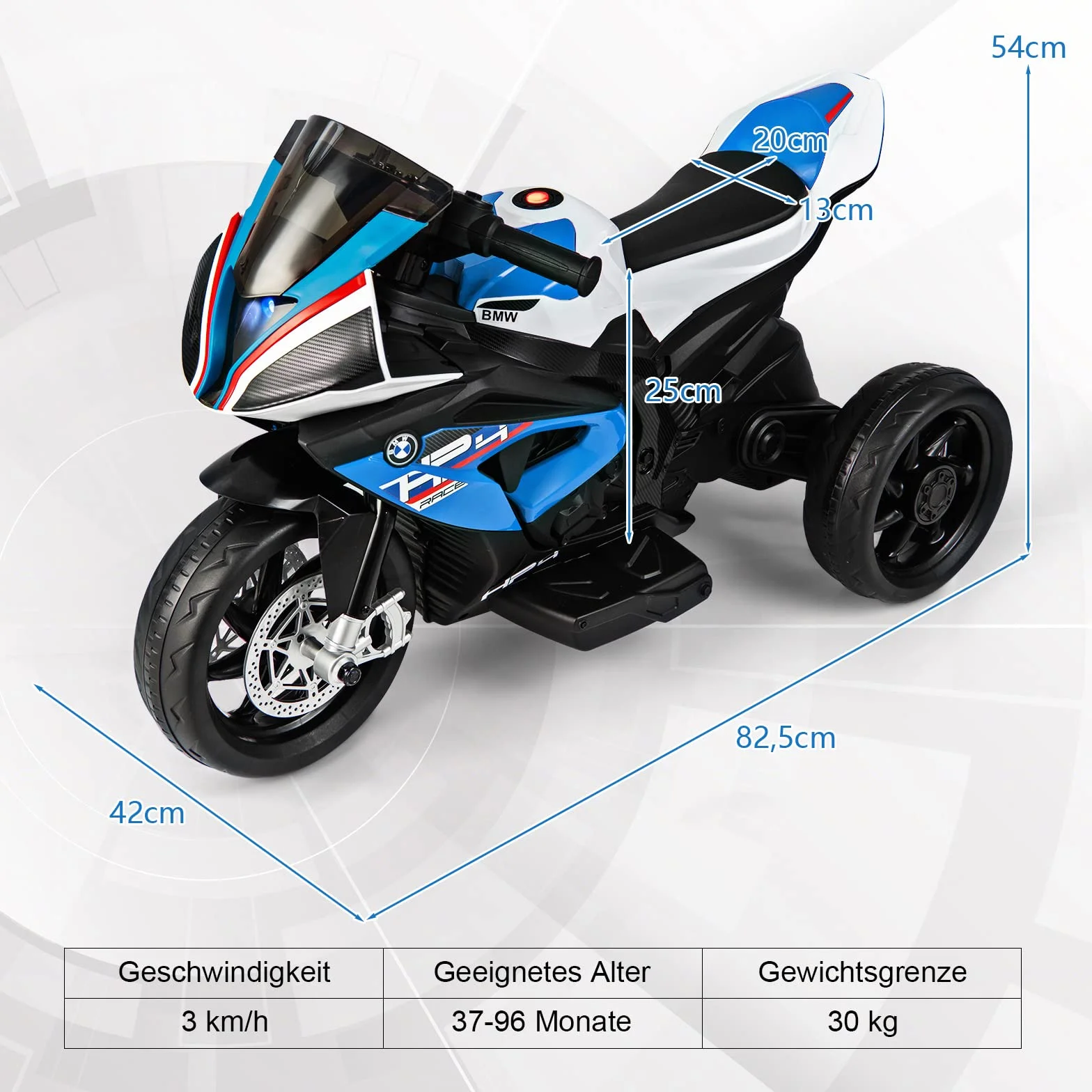 COSTWAY Motocykl elektryczny BMW 6 V z muzyką i reflektorem, trójkołowy motocykl dziecięcy do 3 km/h, motocykl elektryczny z 2 kółkami podporowymi, odpowiedni dla dzieci od 3 lat (niebieski)