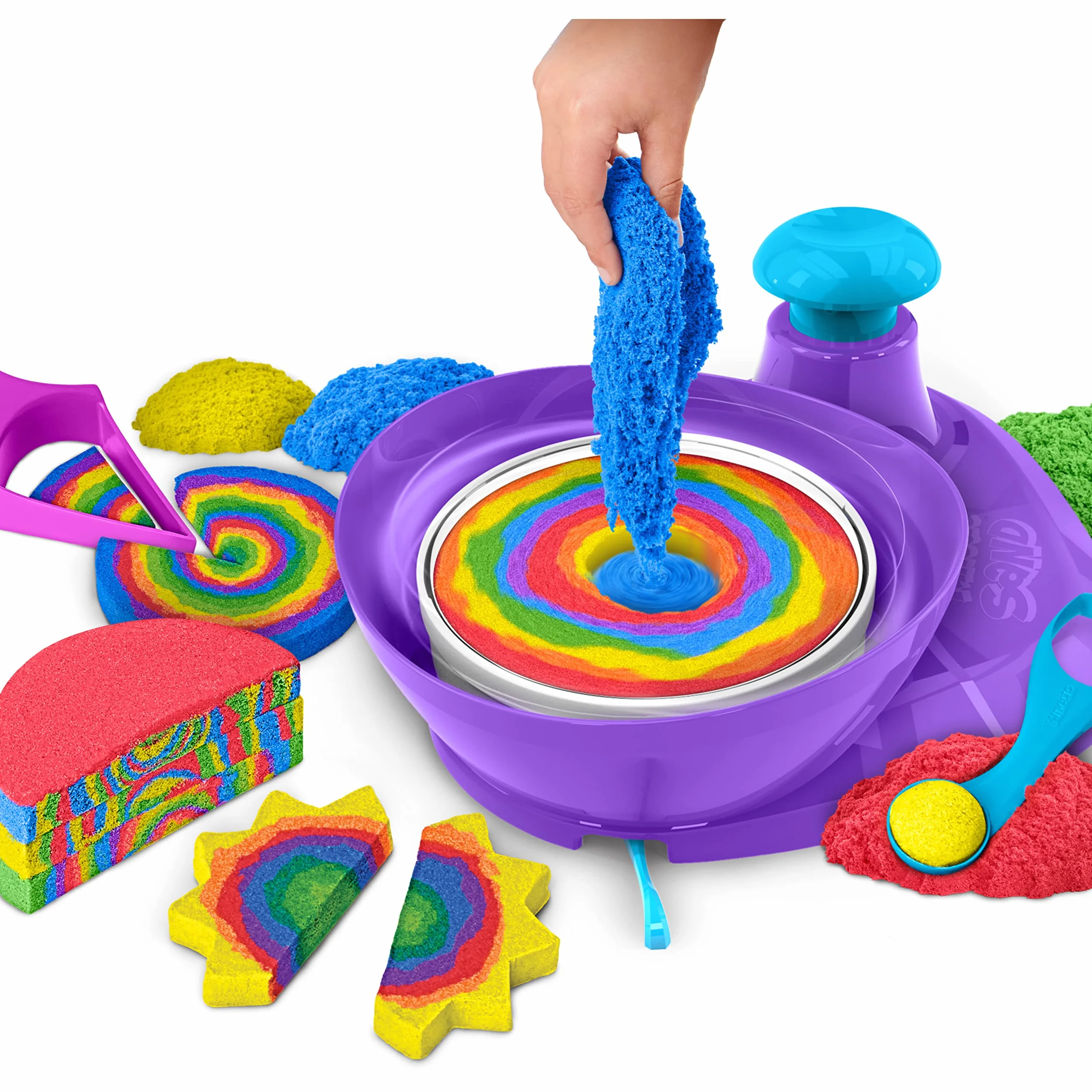 Kinetyczny piasek, zestaw Swirl N’ Surprise z piaskiem do zabawy, w tym czerwonym, niebieskim, zielonym, żółtym i 4 narzędziami, zabawki sensoryczne dla dzieci w wieku 3 lat i starszych
