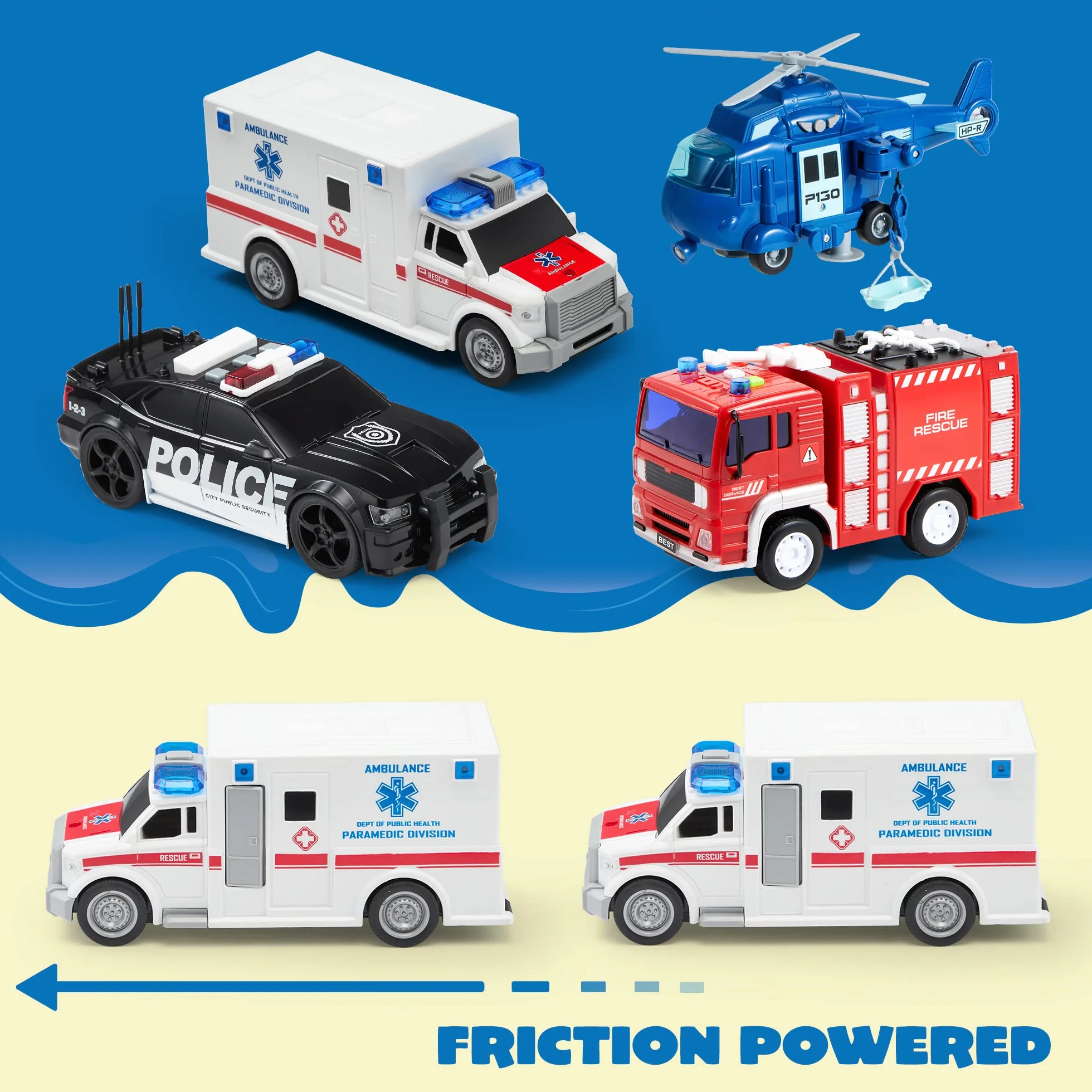 JOYIN Zestaw 4 zestawów gier City Hero Powered by Friction, w tym wóz strażacki, karetkę, samochód policyjny i helikopter ratowniczy
