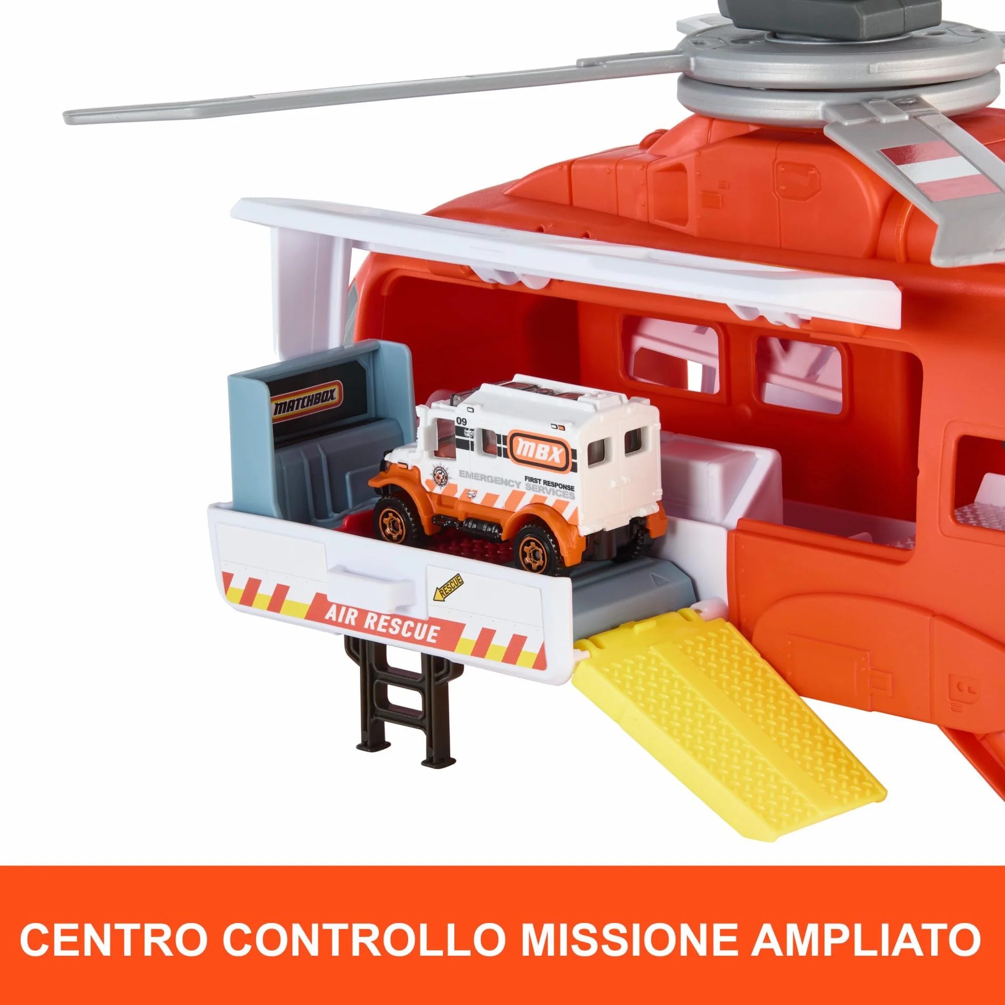 Matchbox Helikopter ratunkowy Zestaw z dużym helikopterem (40,5 cm) przekształcającym się w stację ratowniczą, śmigłem napędzanym ręcznie i metalową karetką w skali 1:64, HXM74