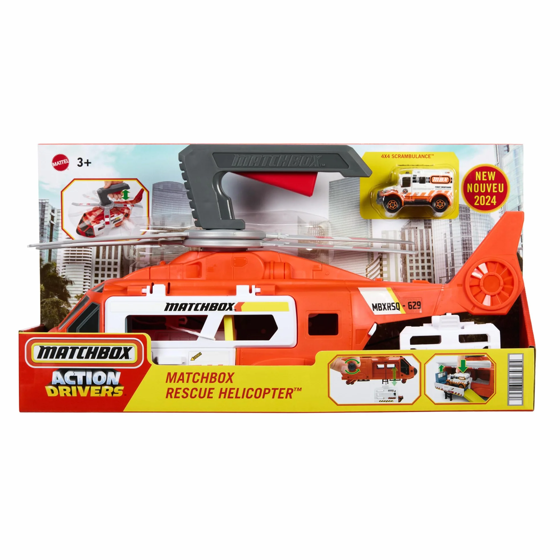 Matchbox Helikopter ratunkowy Zestaw z dużym helikopterem (40,5 cm) przekształcającym się w stację ratowniczą, śmigłem napędzanym ręcznie i metalową karetką w skali 1:64, HXM74