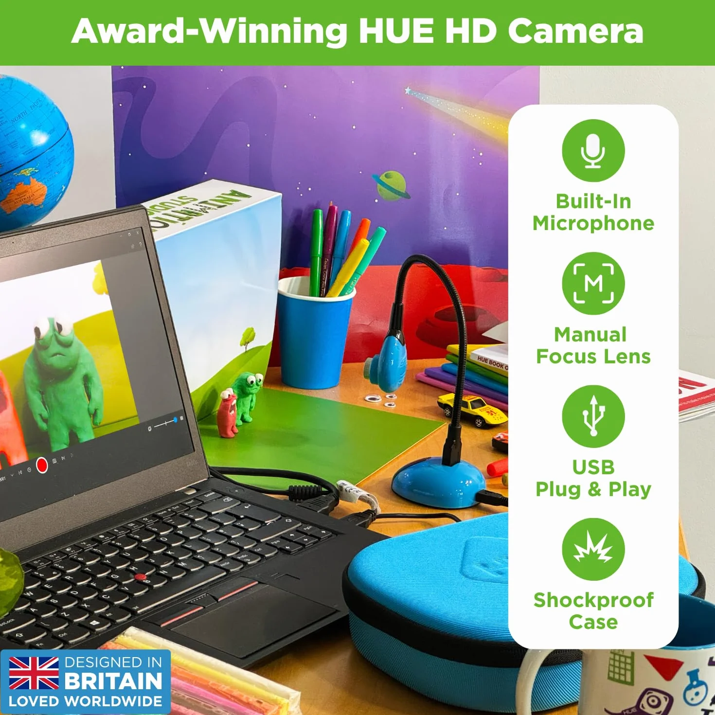 HUE Animation Studio: Kompletny Zestaw do Animacji Poklatkowej Stop Motion (Kamera, Oprogramowanie, Książka w języku angielskim) dla Windows/macOS (niebieska kamera z etui)