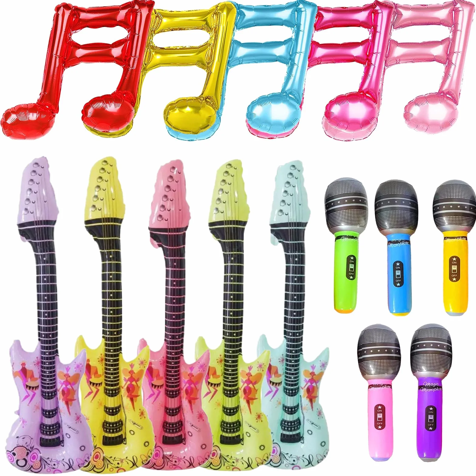 Embhlitfe 15 sztuk nadmuchiwanych instrumentów, nadmuchiwane gitary, mikrofony, nadmuchiwane nuty do nadmuchiwania, nadmuchiwane gitary powietrzne do nadmuchiwania, na imprezę, rekwizyty dla dzieci i