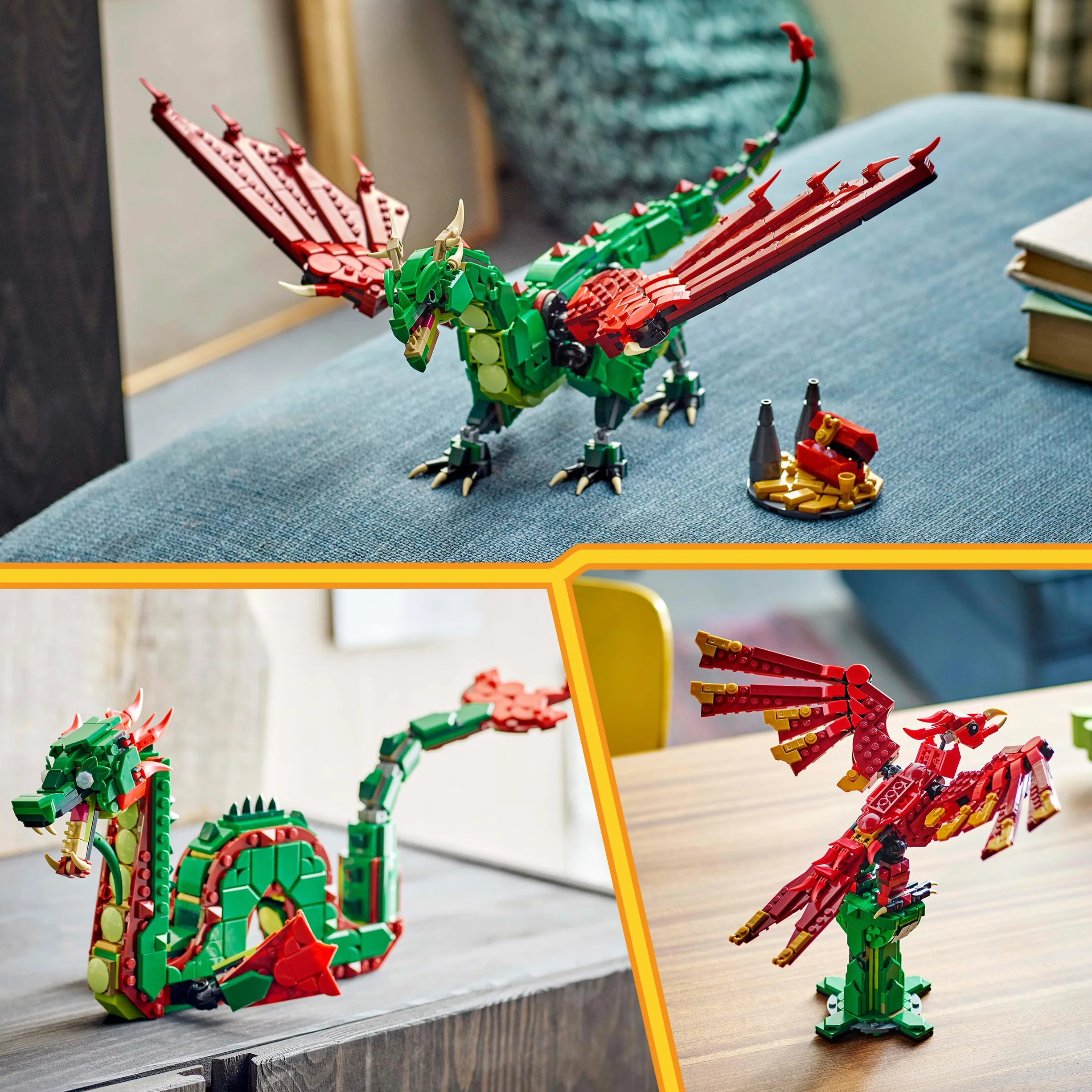 LEGO Creator 3 w 1 Średniowieczny smok, Zabawka Konstrukcyjna dla Dziecka do Przebudowania na Mityczne Stworzenia: Węża Morskiego lub Feniksa, Prezent dla 9-latka, Dziewczynki i Chłopca 31161