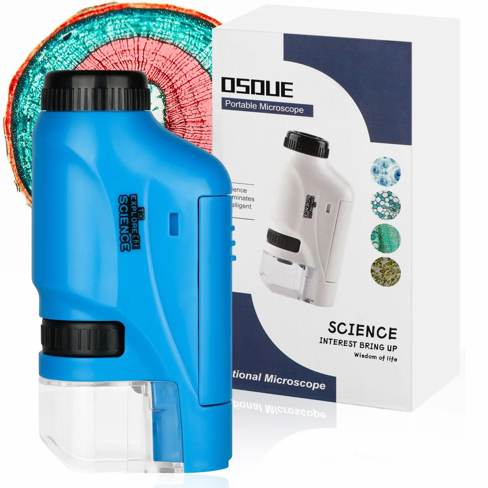 OSDUE Mikroskop Kieszonkowy dla Dzieci, Przenośny 60x-120x Mini Zoom z Podświetleniem LED, Zabawka Edukacyjna, Prezent dla Uczniów i Przedszkolaków