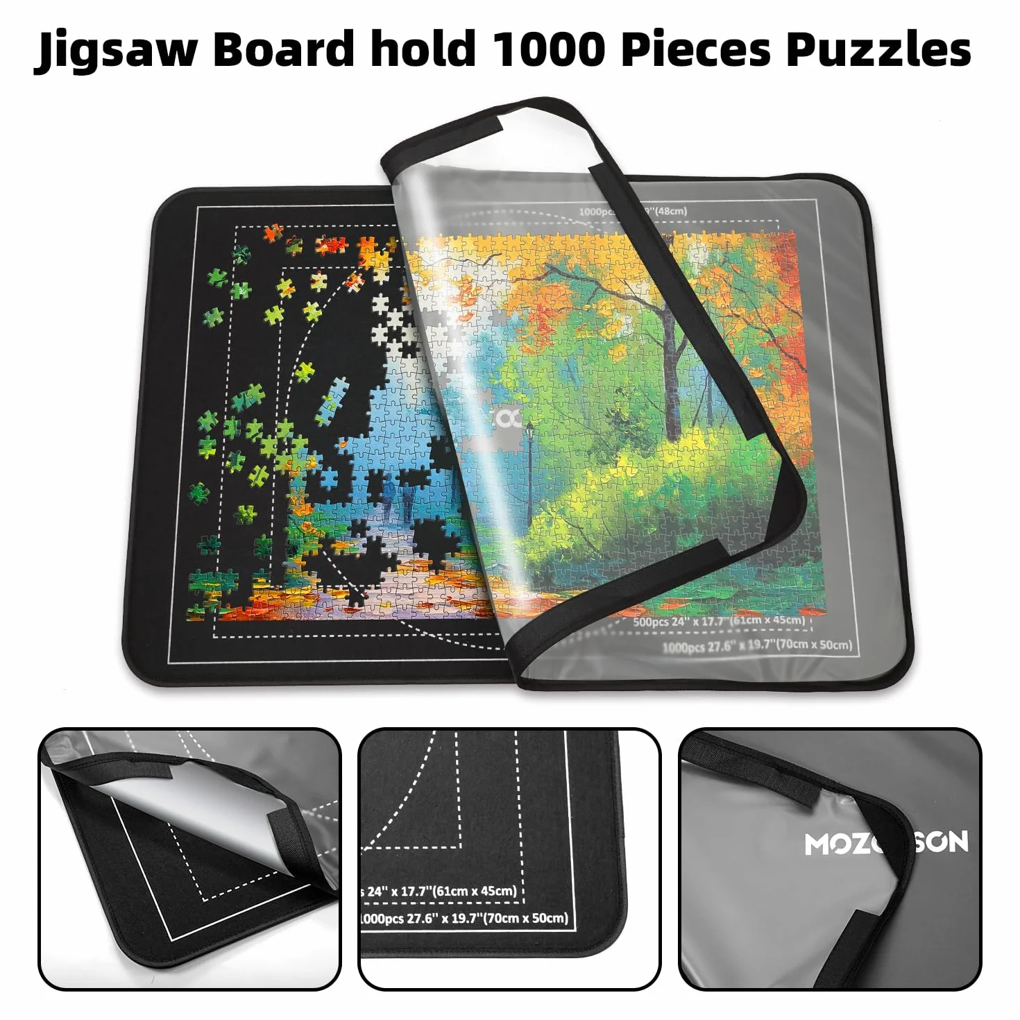Mozooson Plansza do układania puzzli 1000 sztuk, przenośna mata do puzzli, 32 x 50 cm, antypoślizgowa powierzchnia do układania puzzli, prezent do przechowywania puzzli (6 tac sortujących + 1 okładka)