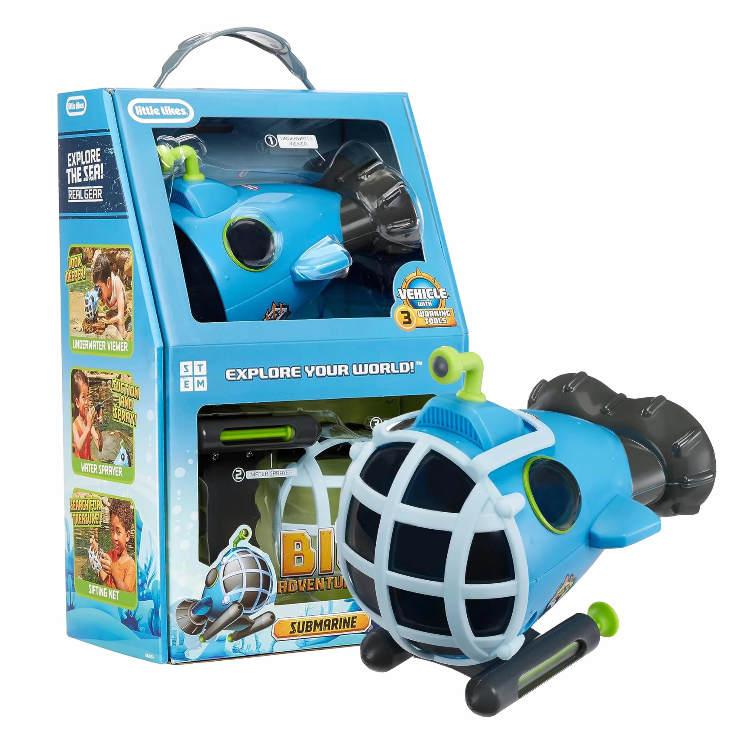 Little Tikes Big Adventures Submarine STEM Toy - w Zestawie Pojazd Wodny z Wizjerem Podwodnym, Rozpylaczem Wody i Siatką do Przesiewania - Idealny dla Dzieci w Wieku 3+