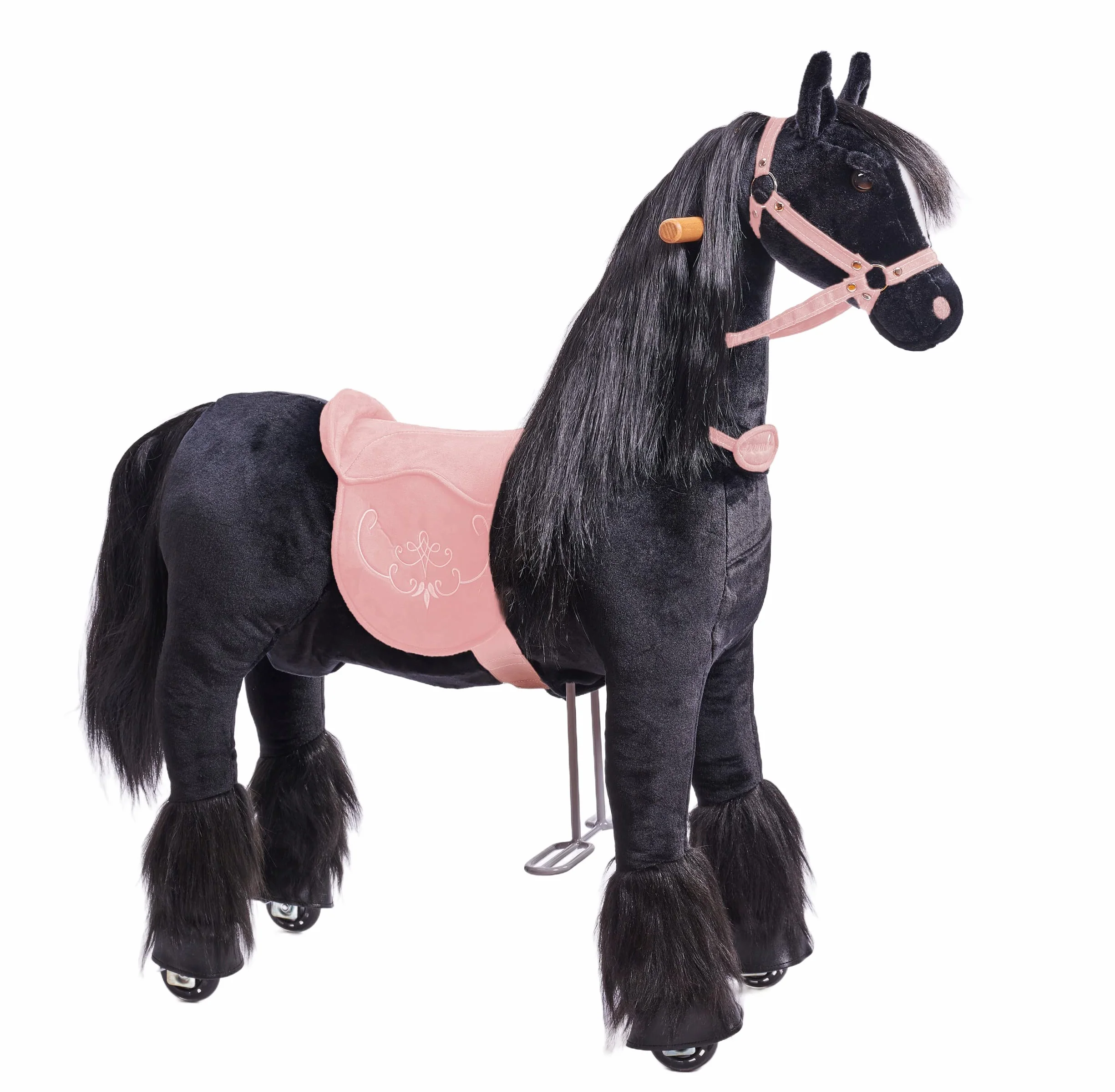Ponnie - Ebony dziecięcy koń jeździecki, 5-12 lat, mechaniczny duży koń fryzyjski na kółkach, zdejmowane siodełko, Combable Mane, regulowane podnóżki