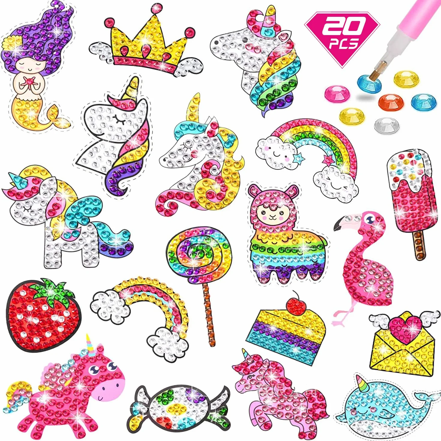 Diamentowe Naklejki do Malowania, CAYUDEN 20 szt. Jednorożec Diamond Painting Stickers Dzieci 5D DIY Diamentowe Naklejki Dzieci Dziewczyny Syrenka Zestaw do Malowania Diamentami Króliczki dla Dzieci